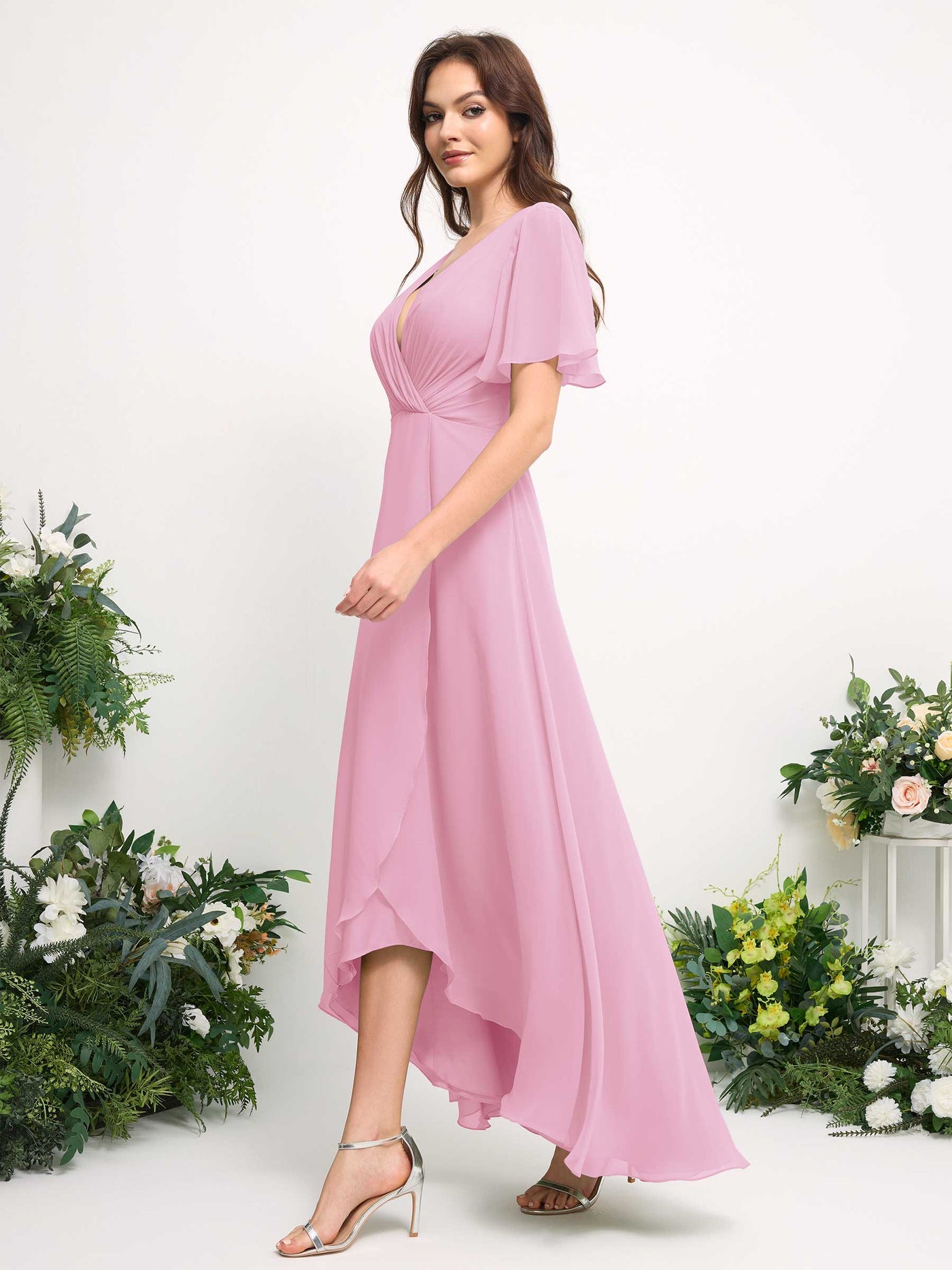 Carlyna Vestido línea A escote en V gasa hasta el suelo dama de honor Rosa Caramelo #color_rosa-caramelo