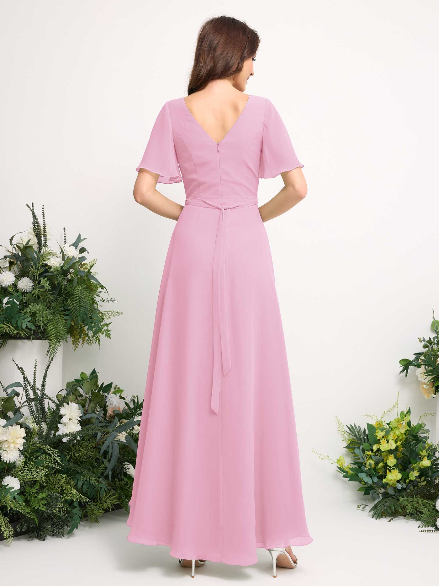 Carlyna Vestido línea A escote en V gasa hasta el suelo dama de honor Rosa Caramelo #color_rosa-caramelo