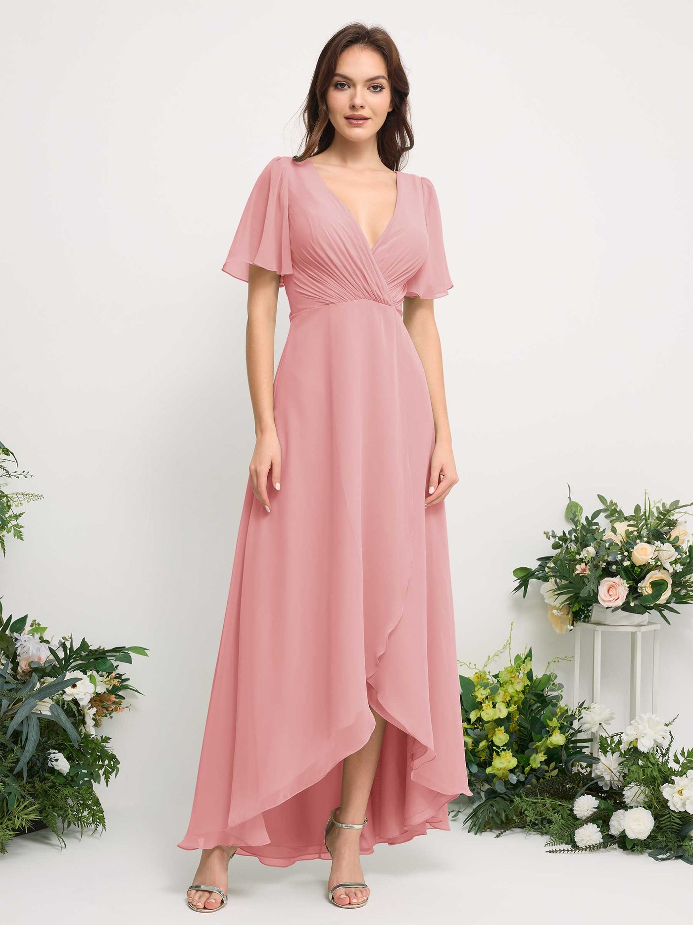 Carlyna Vestido línea A escote en V gasa hasta el suelo dama de honor Rosa Champán #color_rosa-champ-n