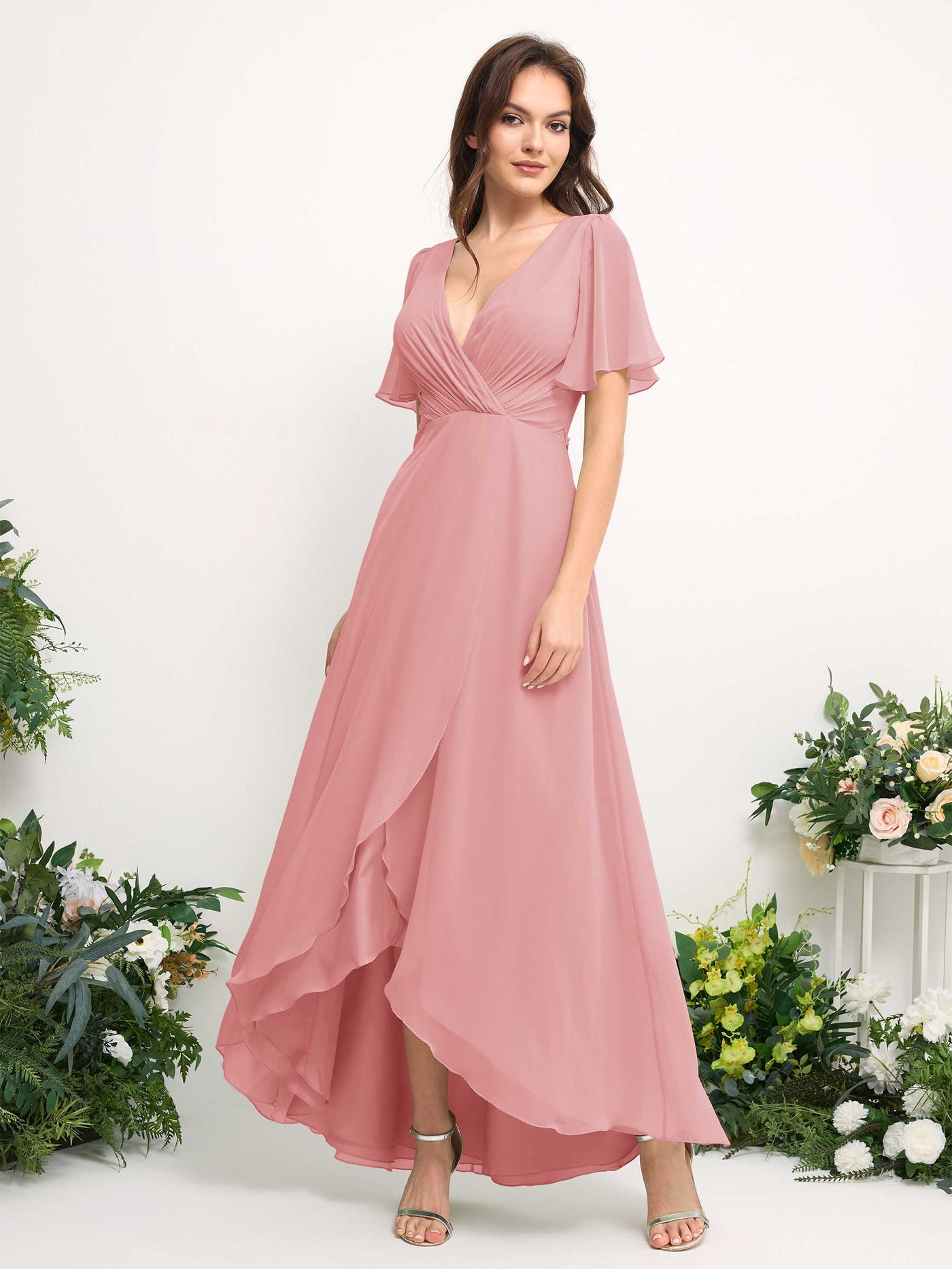 Carlyna Vestido línea A escote en V gasa hasta el suelo dama de honor Rosa Champán #color_rosa-champ-n
