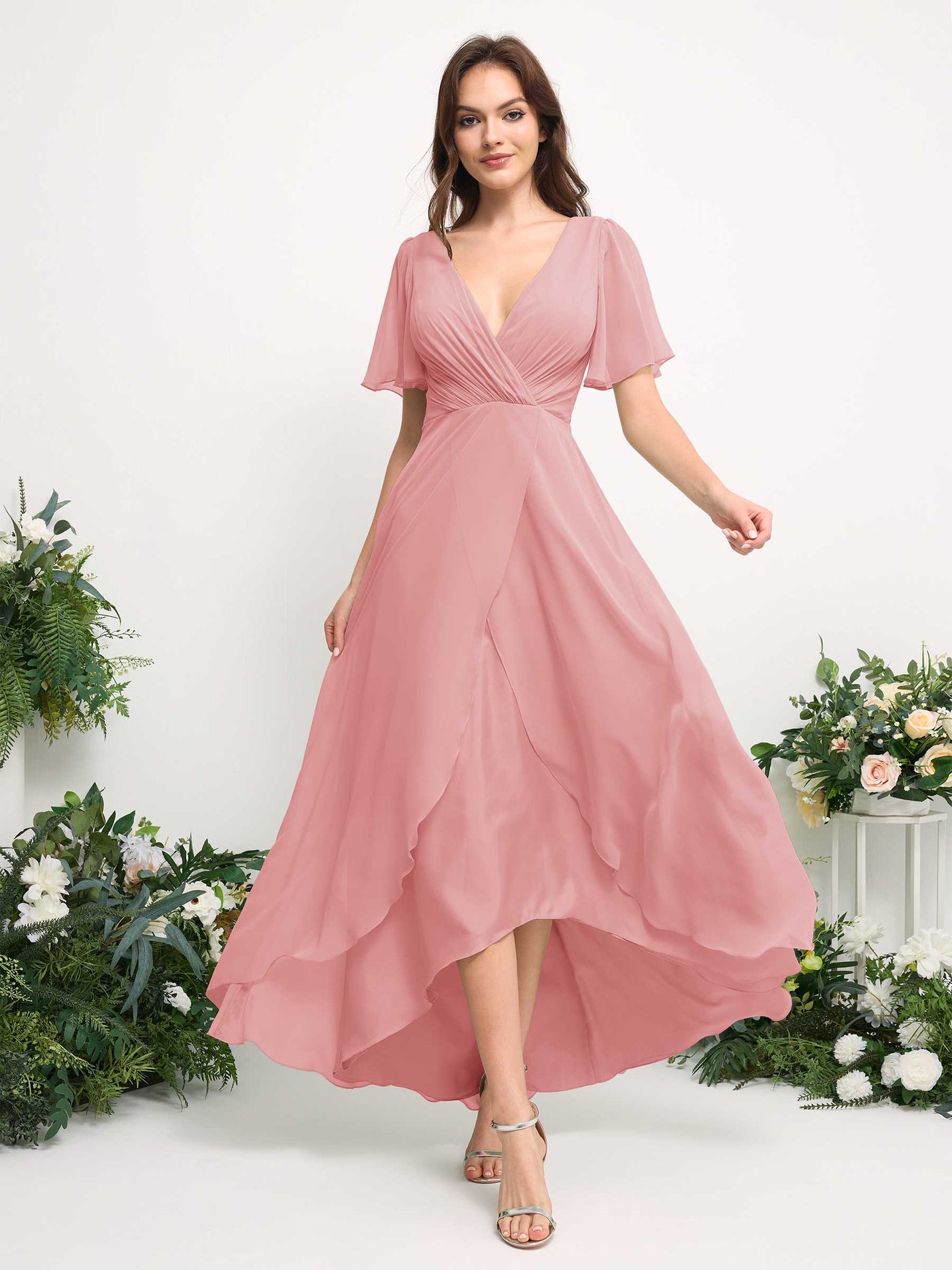Carlyna Vestido línea A escote en V gasa hasta el suelo dama de honor Rosa Champán #color_rosa-champ-n
