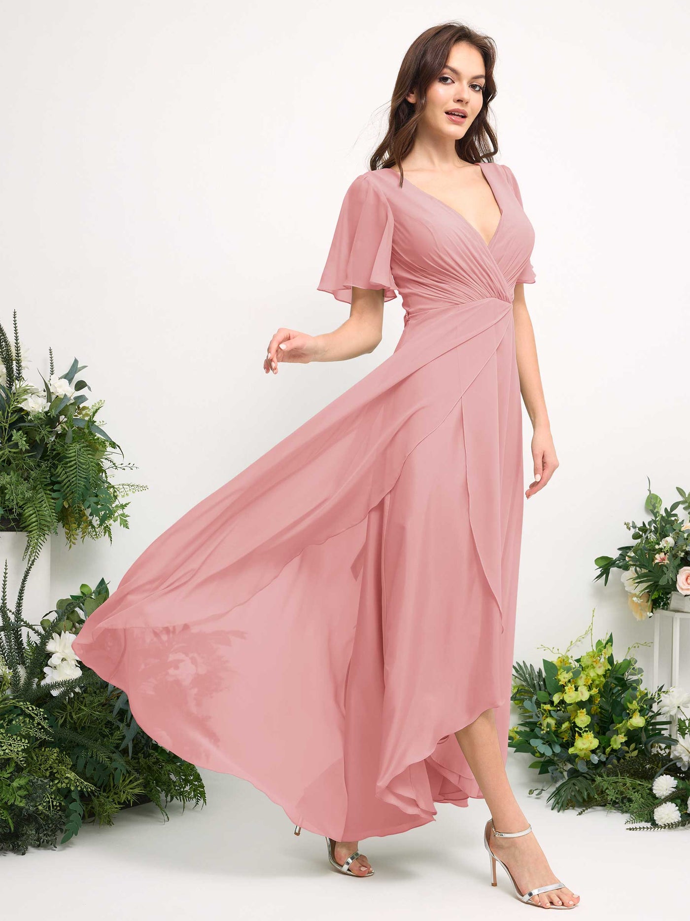Carlyna Vestido línea A escote en V gasa hasta el suelo dama de honor Rosa Champán #color_rosa-champ-n
