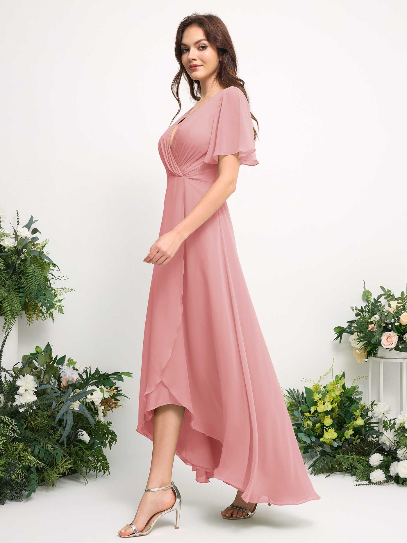 Carlyna Vestido línea A escote en V gasa hasta el suelo dama de honor Rosa Champán #color_rosa-champ-n