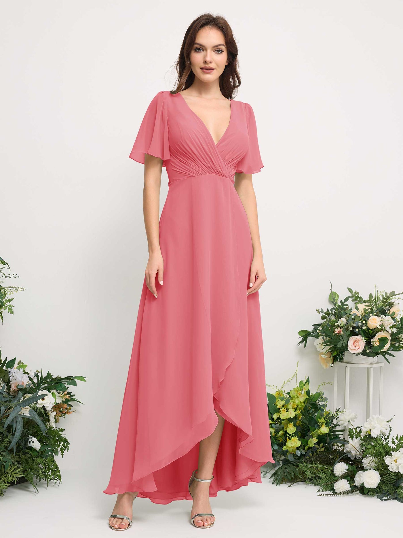 Carlyna Vestido línea A escote en V gasa hasta el suelo dama de honor Rosa Coral #color_rosa-coral