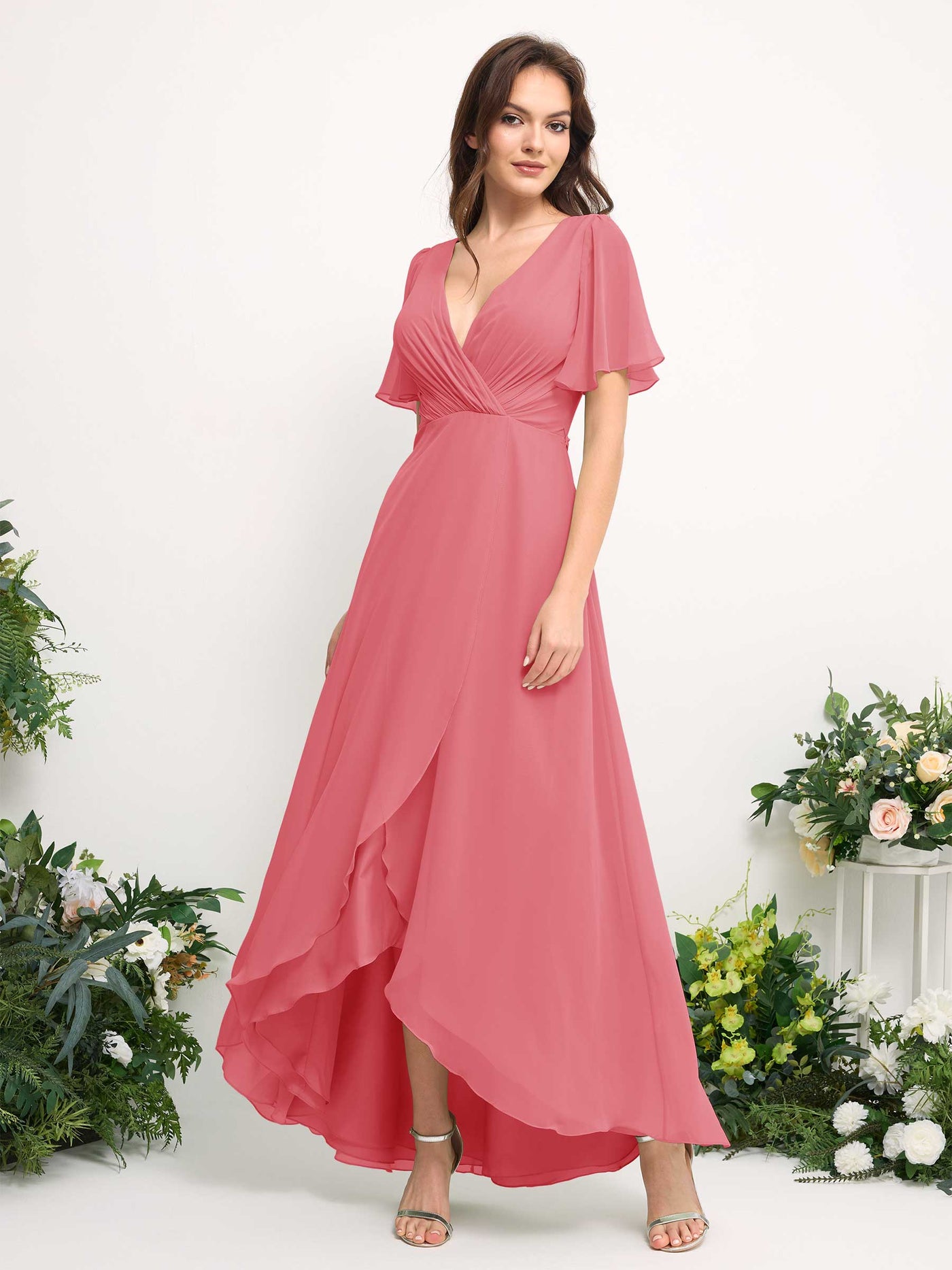 Carlyna Vestido línea A escote en V gasa hasta el suelo dama de honor Rosa Coral #color_rosa-coral