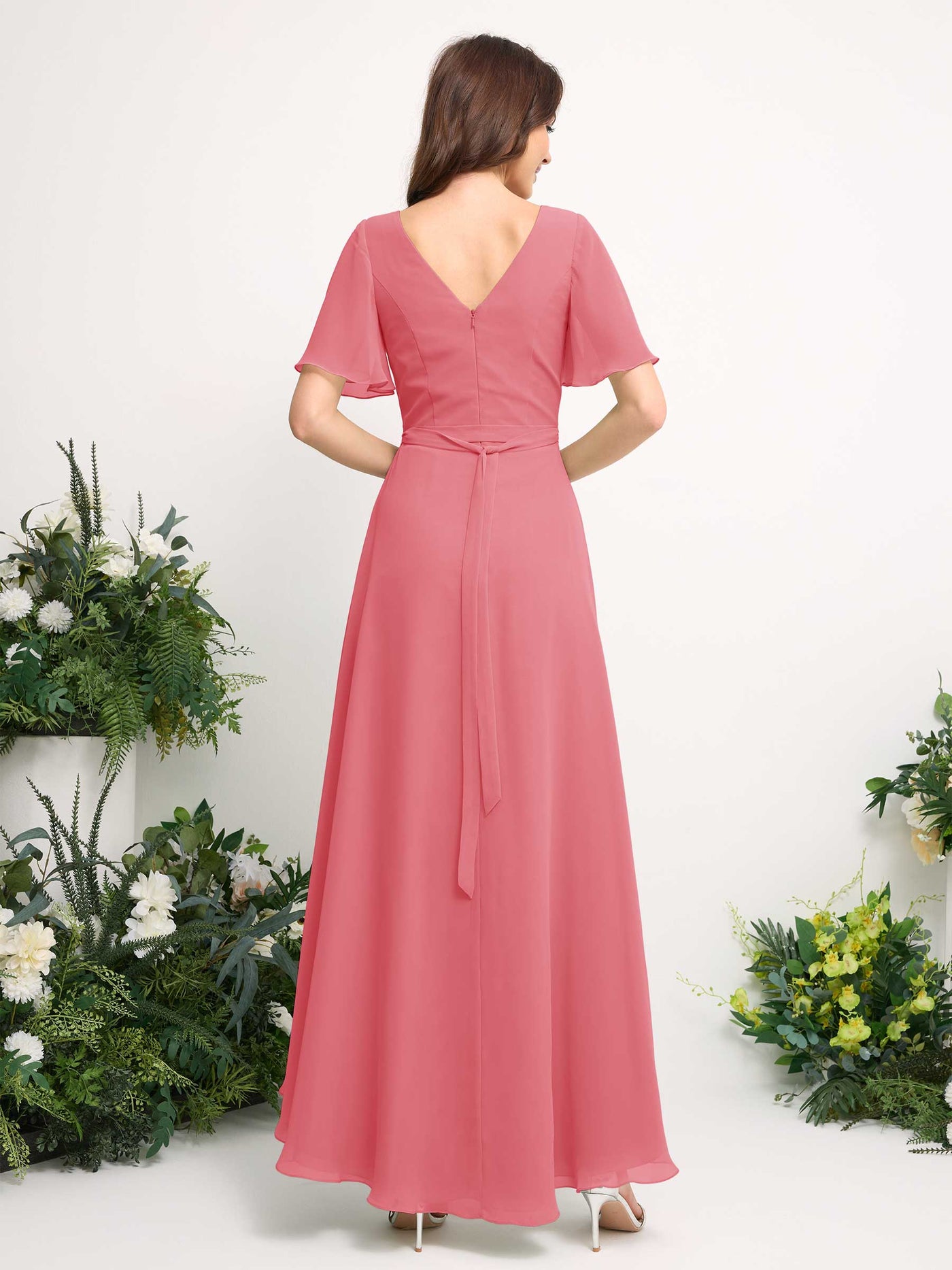 Carlyna Vestido línea A escote en V gasa hasta el suelo dama de honor Rosa Coral #color_rosa-coral