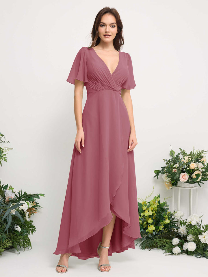Carlyna Vestido línea A escote en V gasa hasta el suelo dama de honor Rosa Del Desierto 