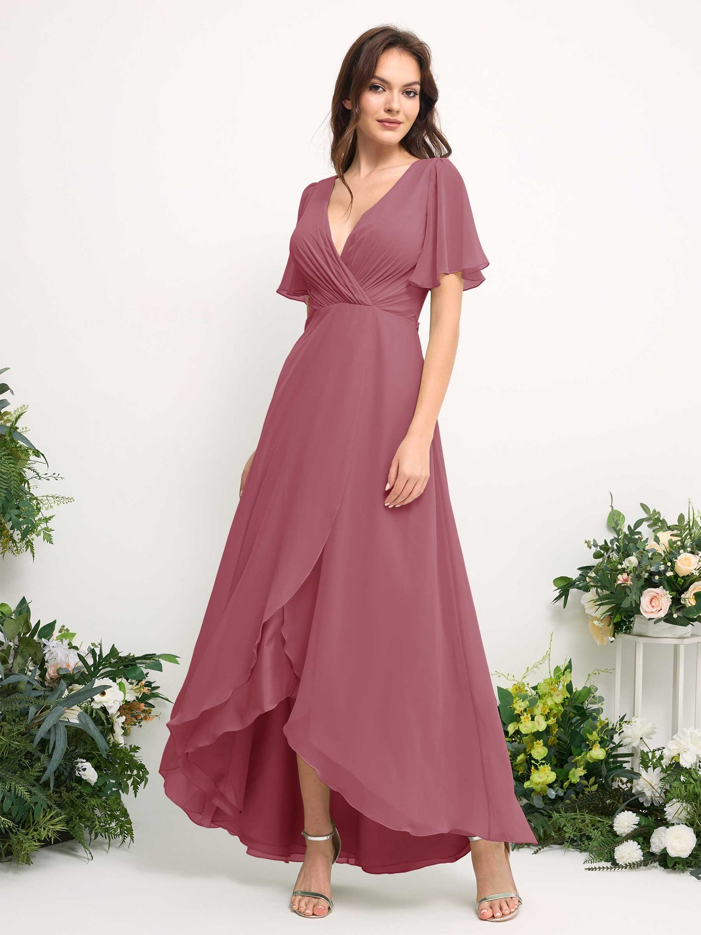 Carlyna Vestido línea A escote en V gasa hasta el suelo dama de honor Rosa Del Desierto #color_rosa-del-desierto