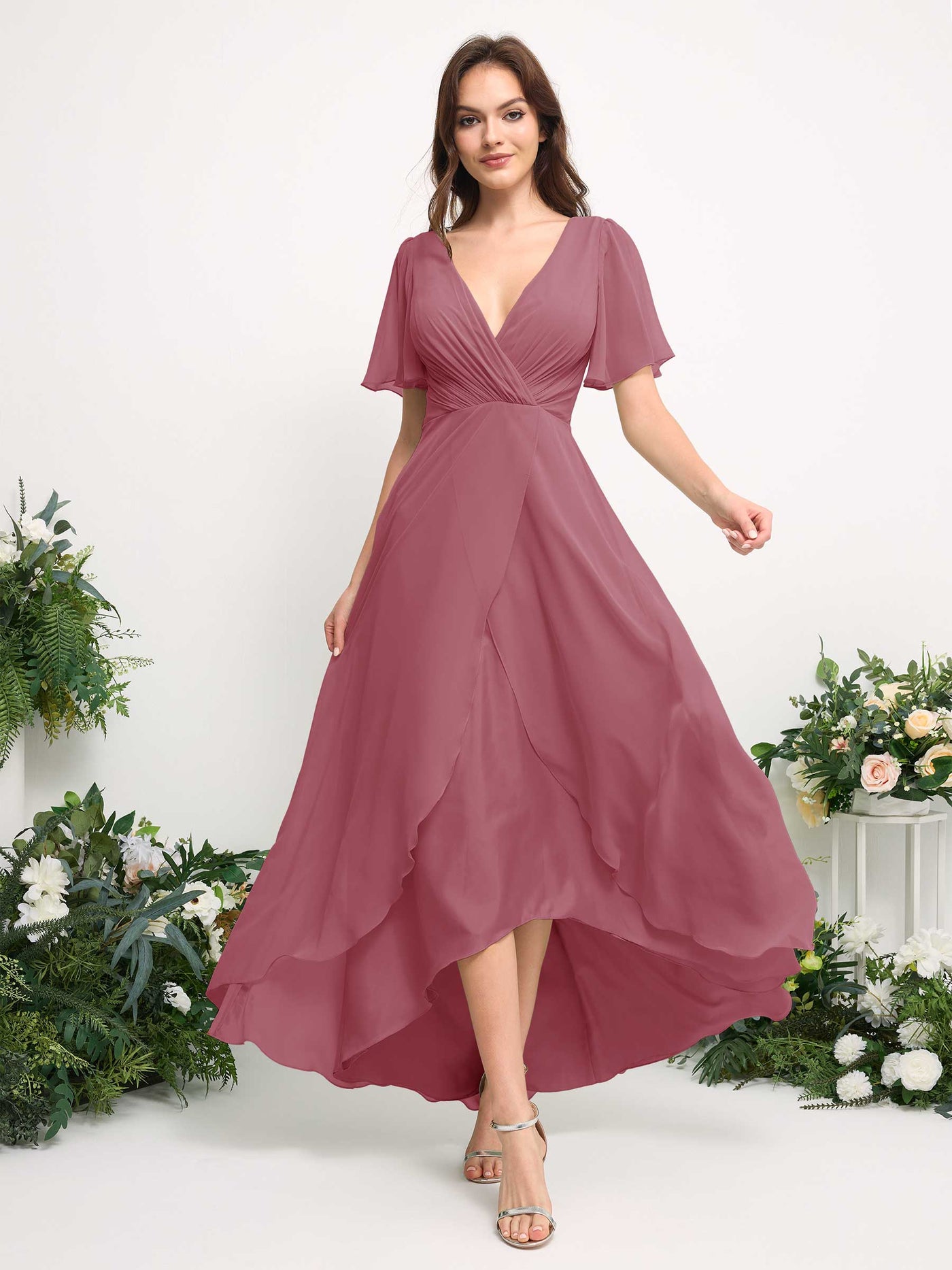 Carlyna Vestido línea A escote en V gasa hasta el suelo dama de honor Rosa Del Desierto #color_rosa-del-desierto