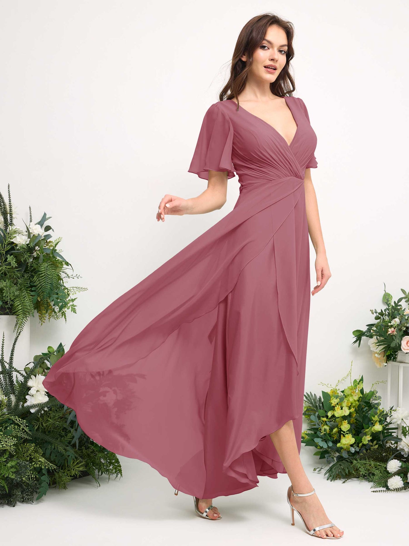 Carlyna Vestido línea A escote en V gasa hasta el suelo dama de honor Rosa Del Desierto #color_rosa-del-desierto