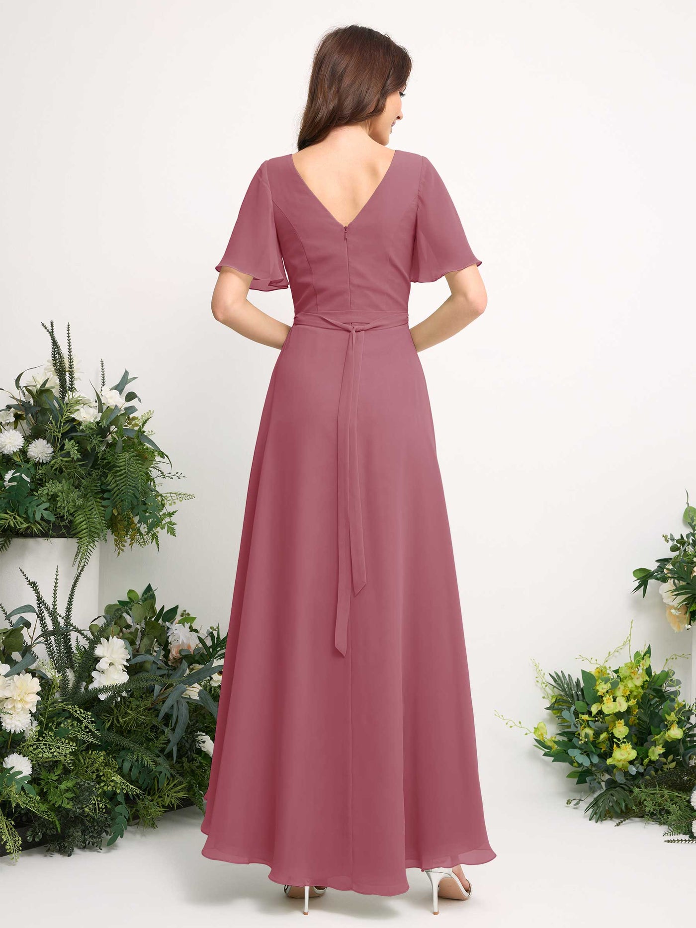 Carlyna Vestido línea A escote en V gasa hasta el suelo dama de honor Rosa Del Desierto #color_rosa-del-desierto