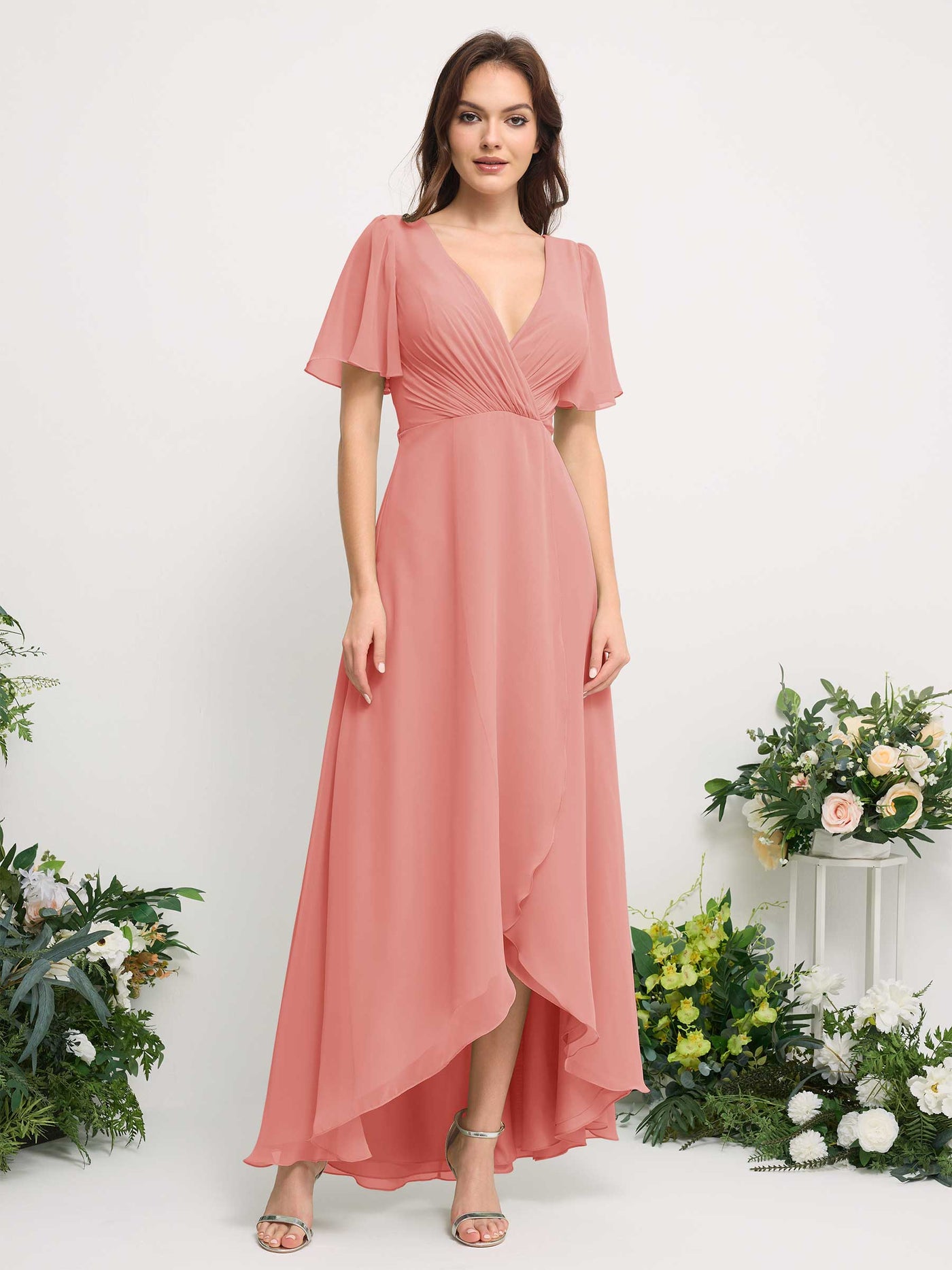 Carlyna Vestido línea A escote en V gasa hasta el suelo dama de honor Rosa Melocotón #color_rosa-melocot-n