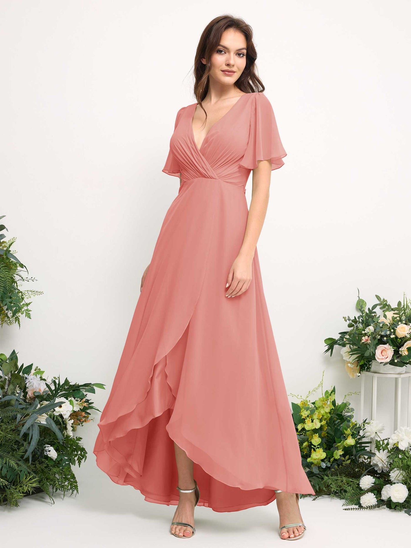 Carlyna Vestido línea A escote en V gasa hasta el suelo dama de honor Rosa Melocotón #color_rosa-melocot-n