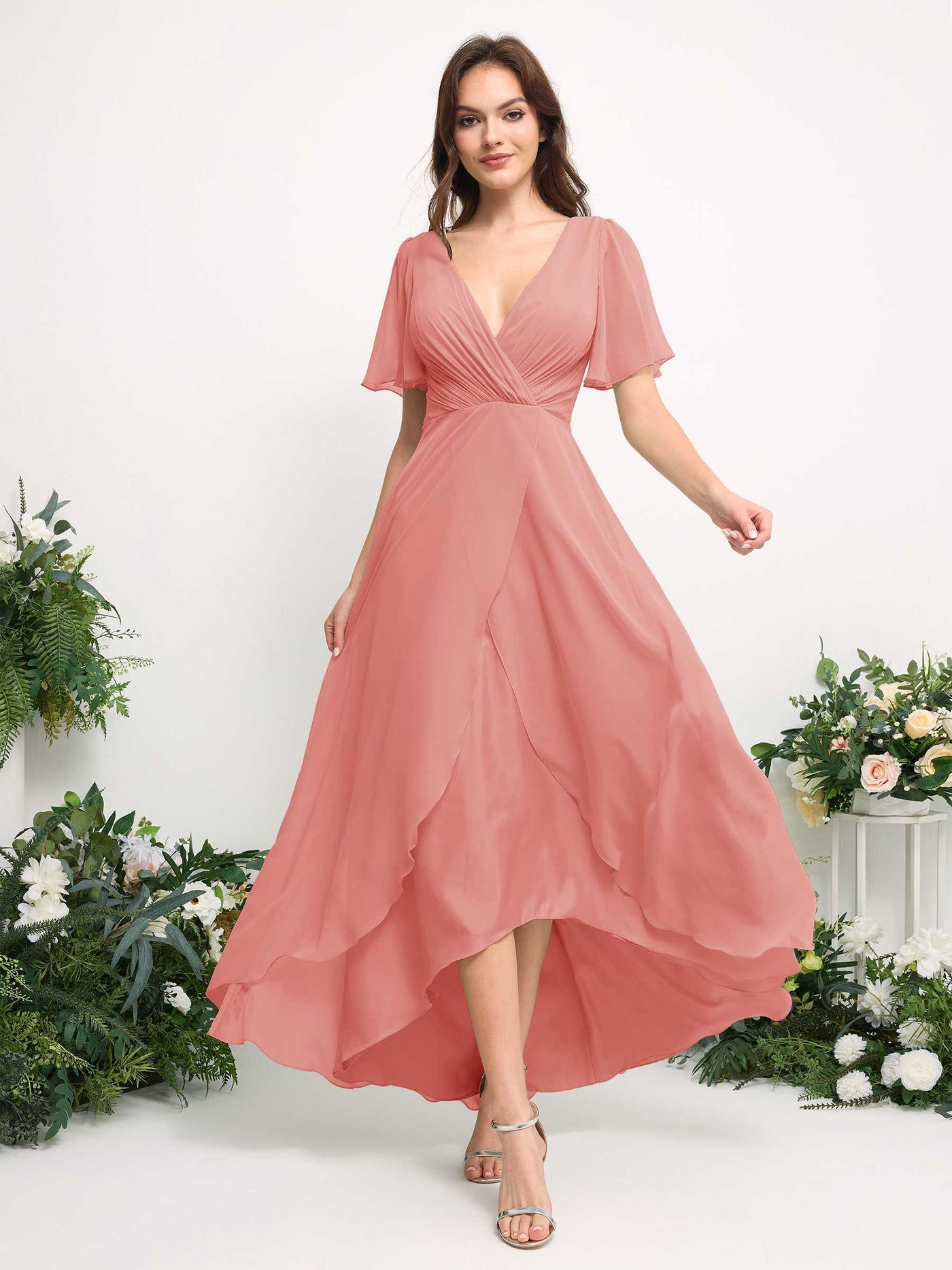 Carlyna Vestido línea A escote en V gasa hasta el suelo dama de honor Rosa Melocotón #color_rosa-melocot-n