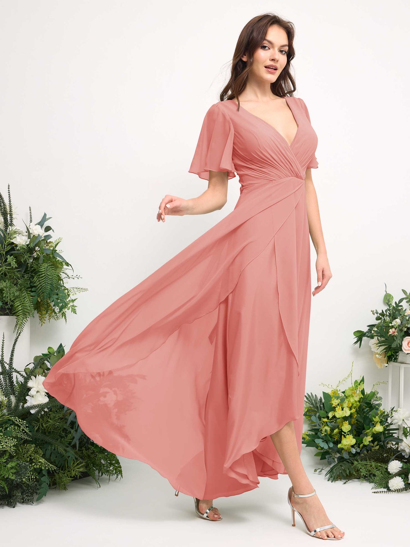 Carlyna Vestido línea A escote en V gasa hasta el suelo dama de honor Rosa Melocotón #color_rosa-melocot-n