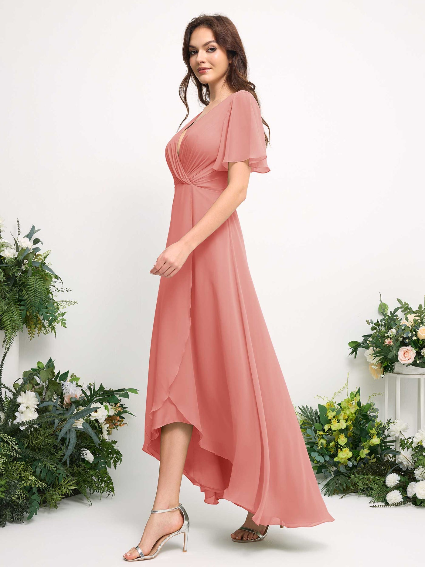 Carlyna Vestido línea A escote en V gasa hasta el suelo dama de honor Rosa Melocotón #color_rosa-melocot-n