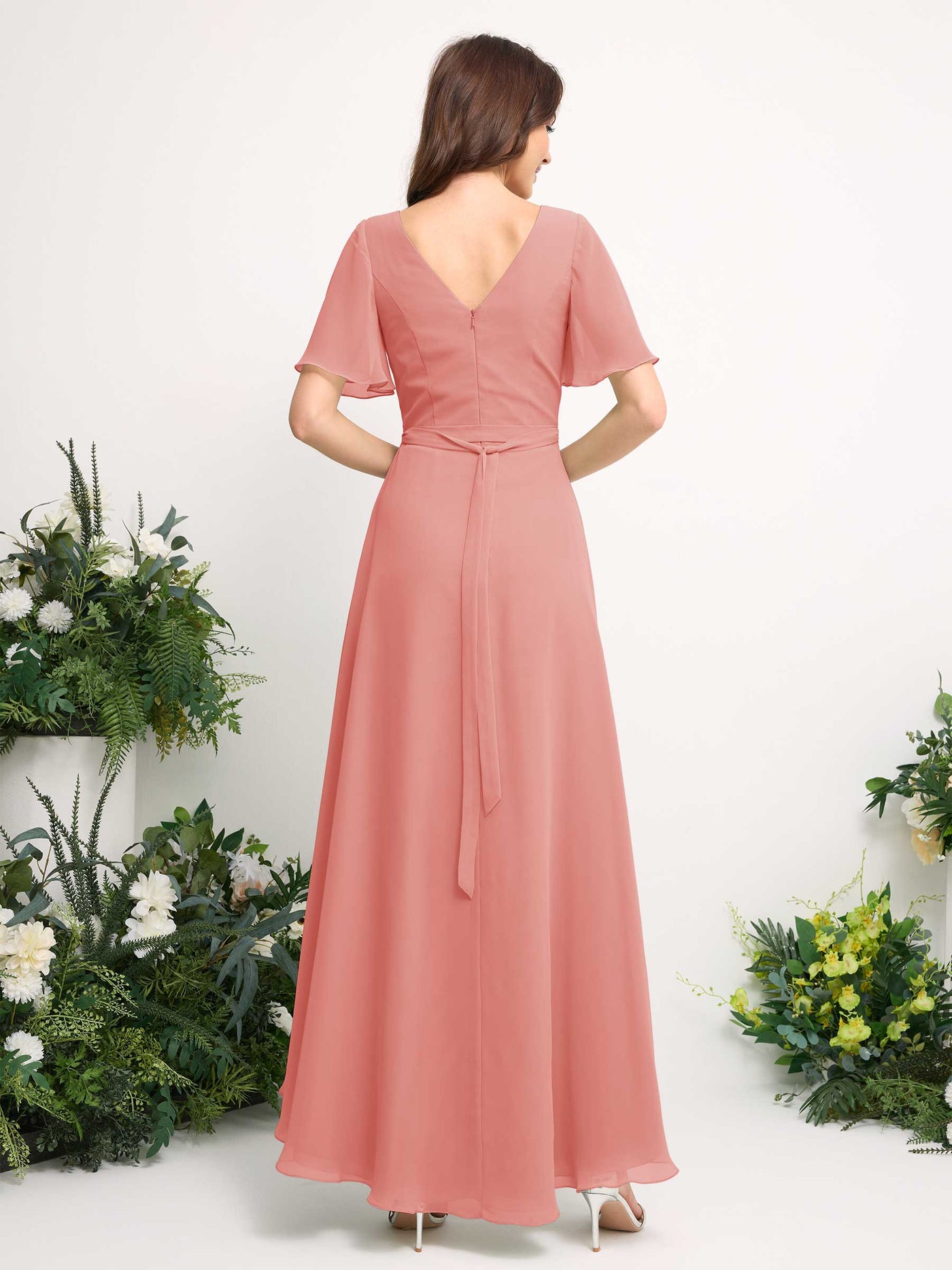Carlyna Vestido línea A escote en V gasa hasta el suelo dama de honor Rosa Melocotón #color_rosa-melocot-n