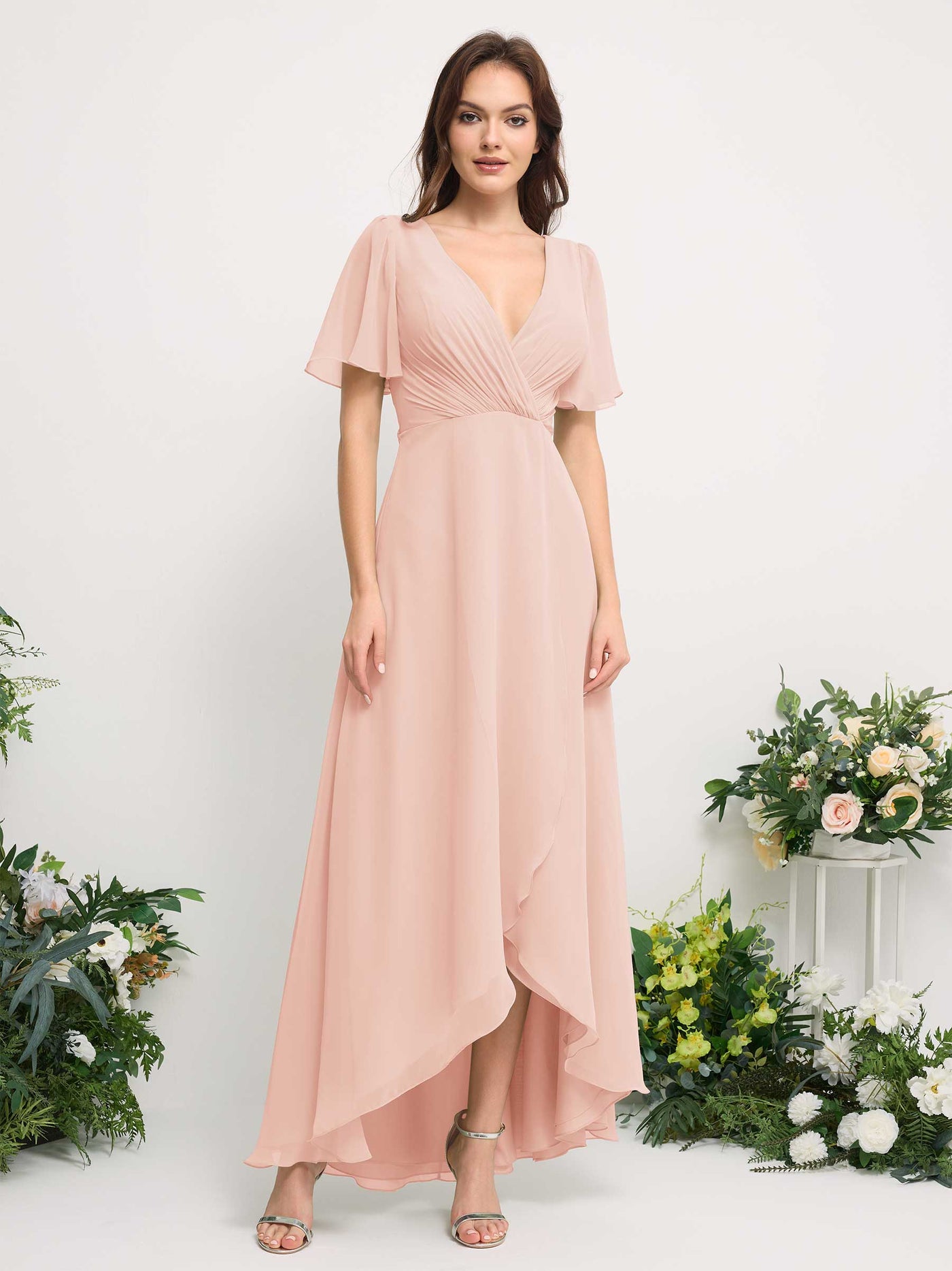 Carlyna Vestido línea A escote en V gasa hasta el suelo dama de honor Rosa Perla #color_rosa-perla