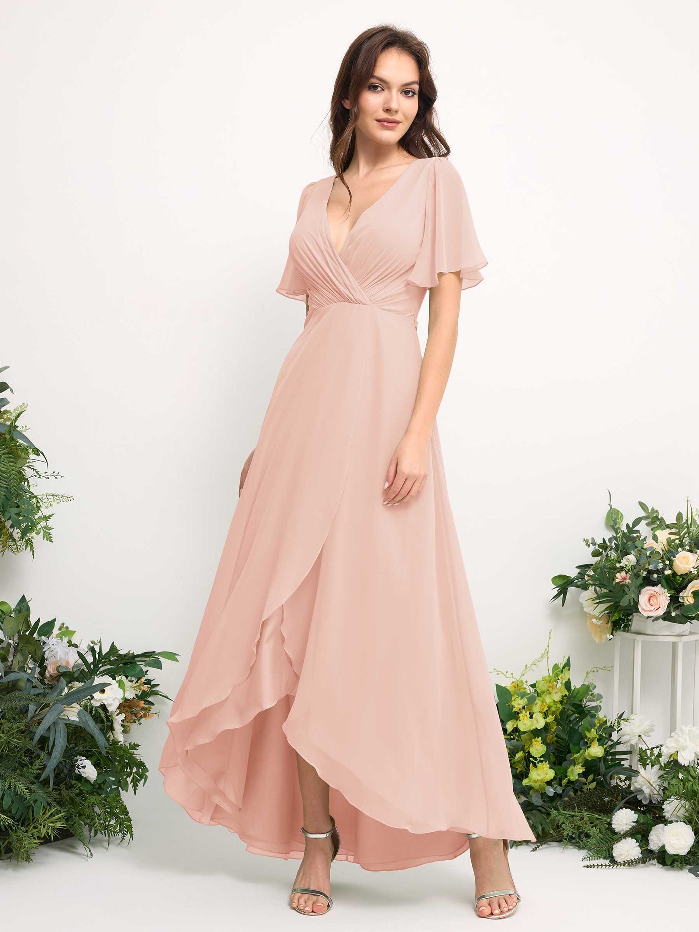 Carlyna Vestido línea A escote en V gasa hasta el suelo dama de honor Rosa Perla #color_rosa-perla