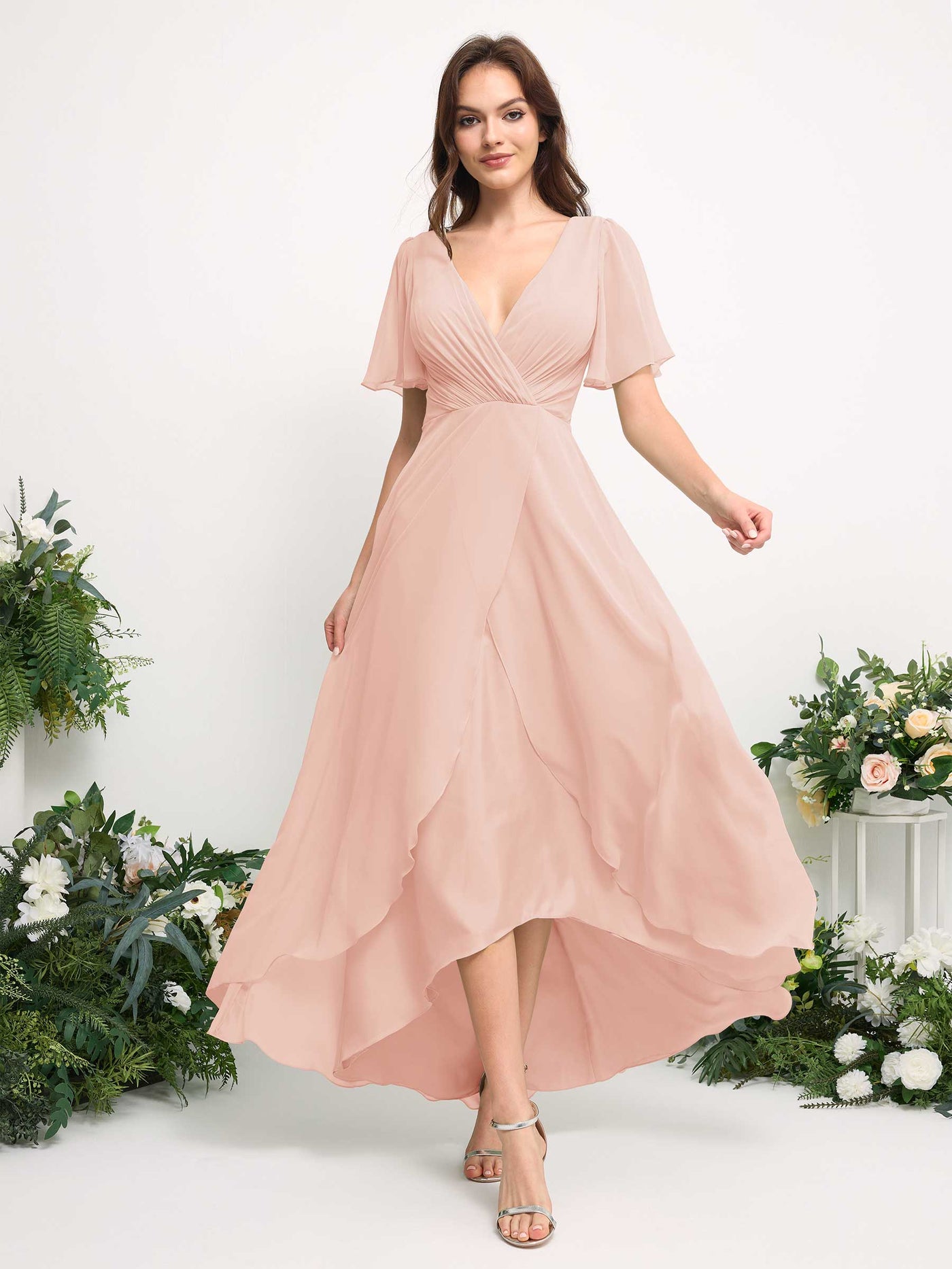 Carlyna Vestido línea A escote en V gasa hasta el suelo dama de honor Rosa Perla #color_rosa-perla