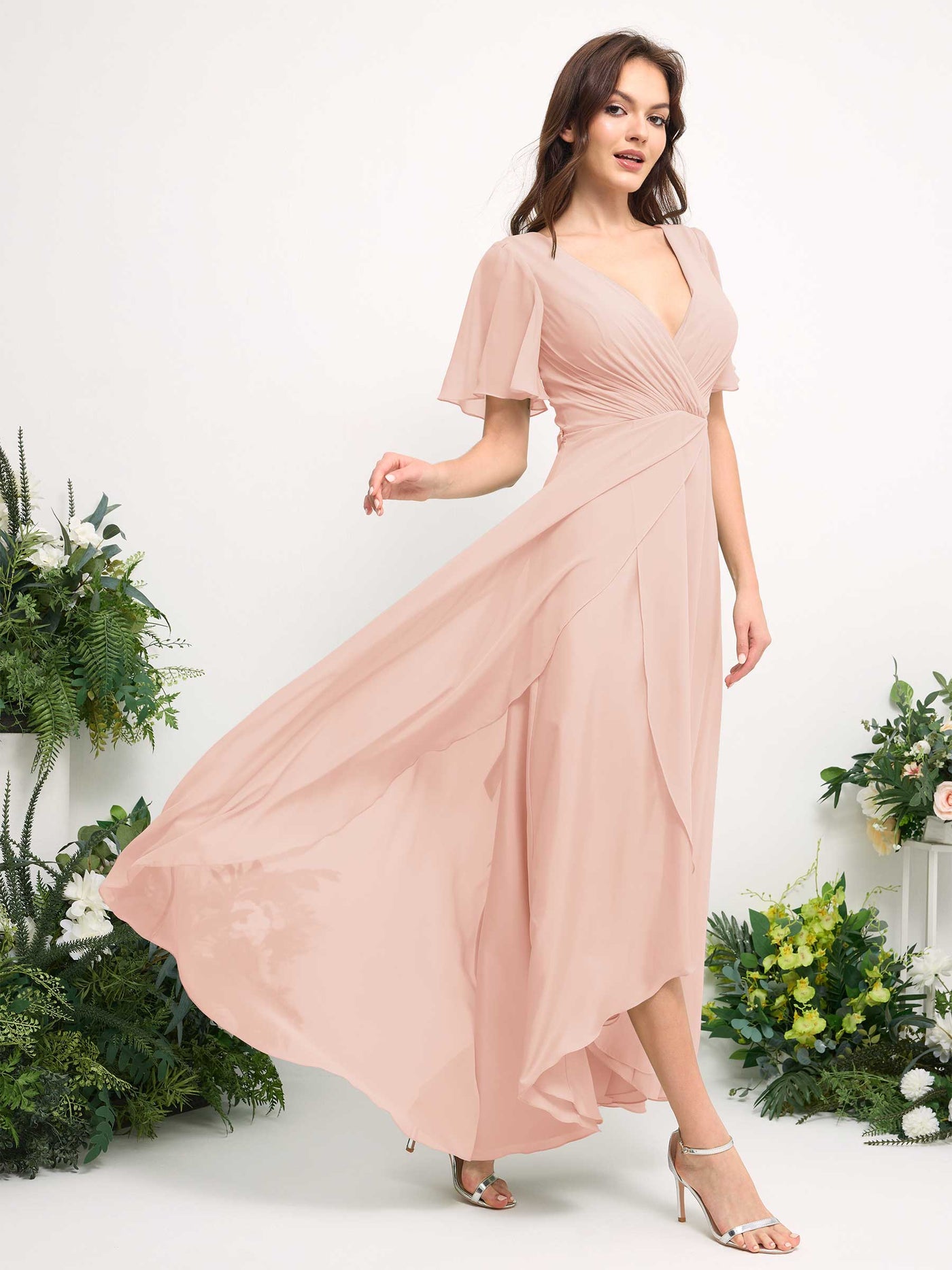 Carlyna Vestido línea A escote en V gasa hasta el suelo dama de honor Rosa Perla #color_rosa-perla