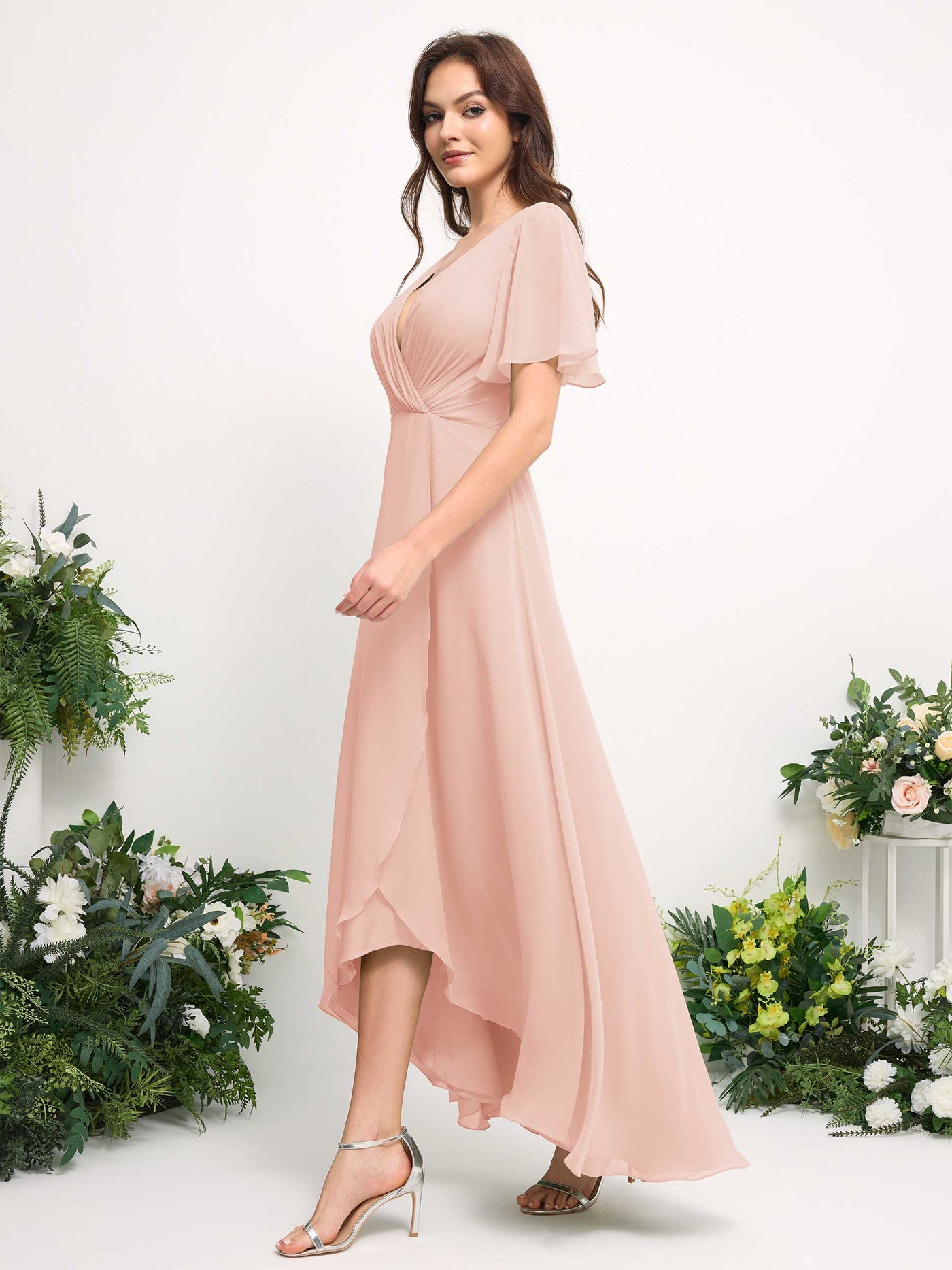 Carlyna Vestido línea A escote en V gasa hasta el suelo dama de honor Rosa Perla #color_rosa-perla