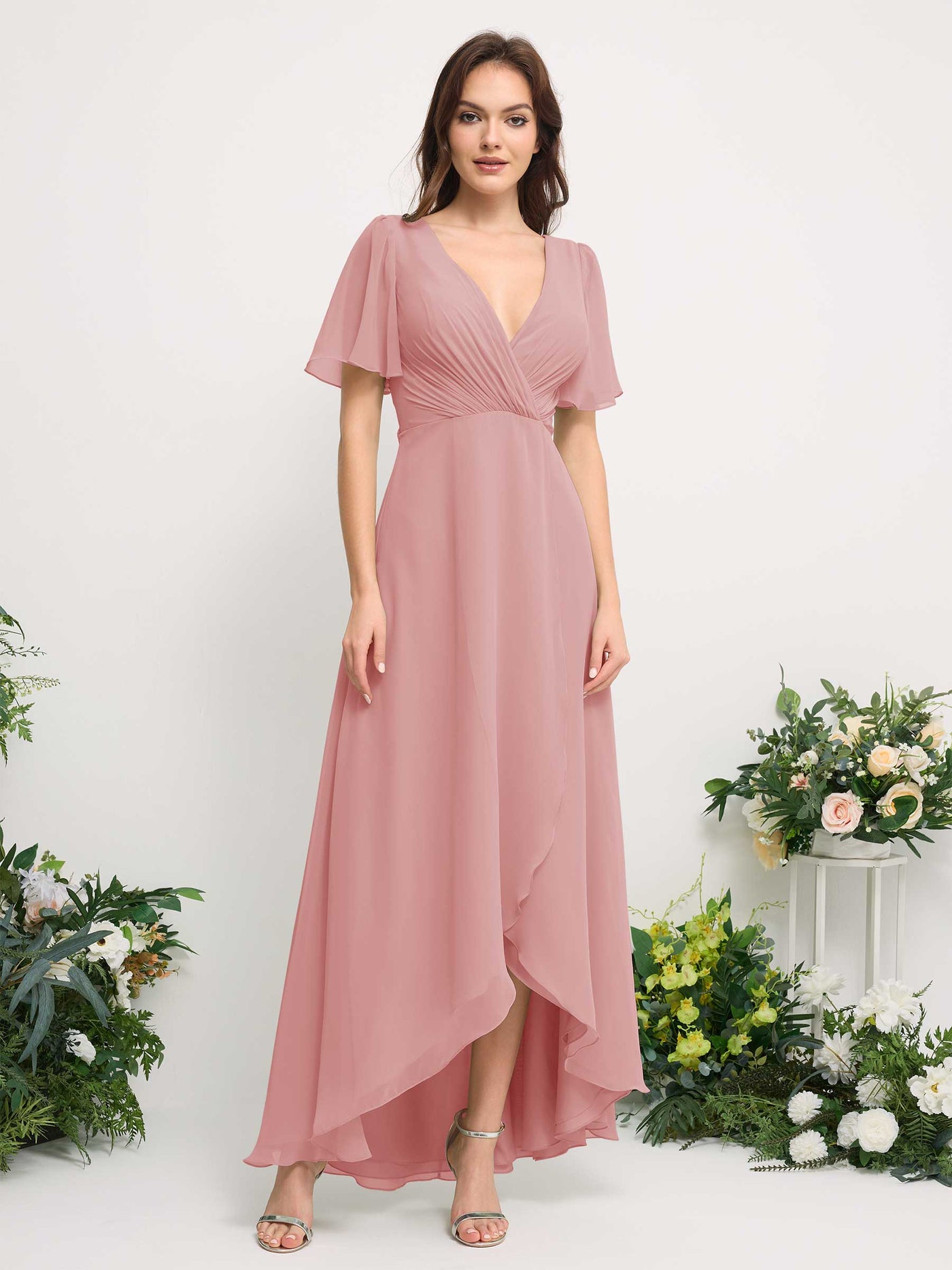 Carlyna Vestido línea A escote en V gasa hasta el suelo dama de honor Rosa Polvorienta #color_rosa-polvorienta