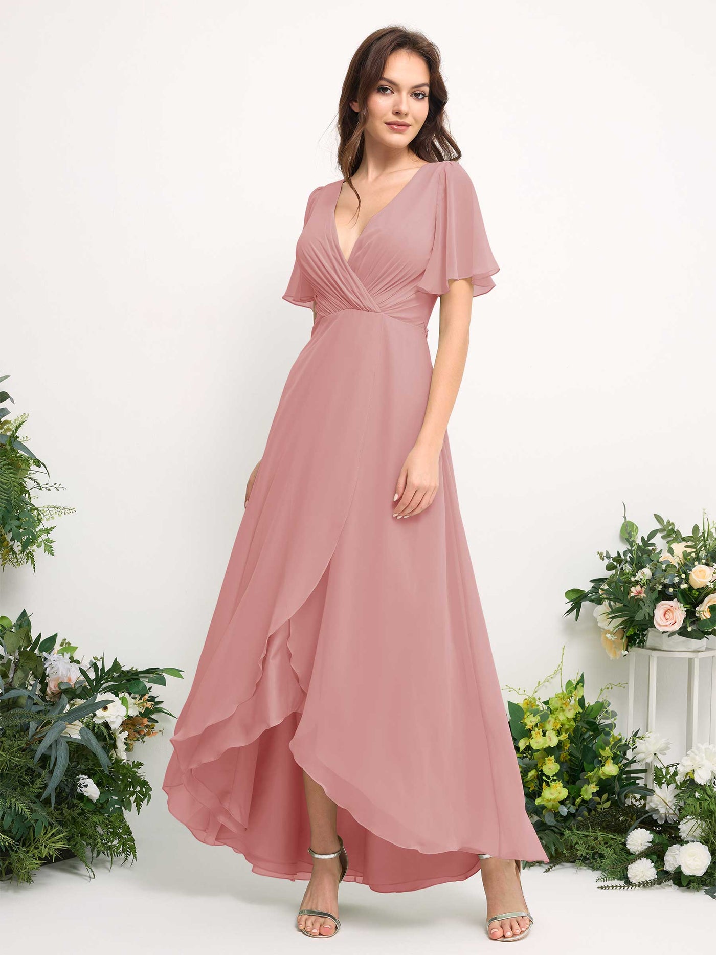 Carlyna Vestido línea A escote en V gasa hasta el suelo dama de honor Rosa Polvorienta #color_rosa-polvorienta