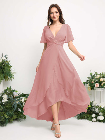 Carlyna Vestido línea A escote en V gasa hasta el suelo dama de honor Rosa Polvorienta #color_rosa-polvorienta
