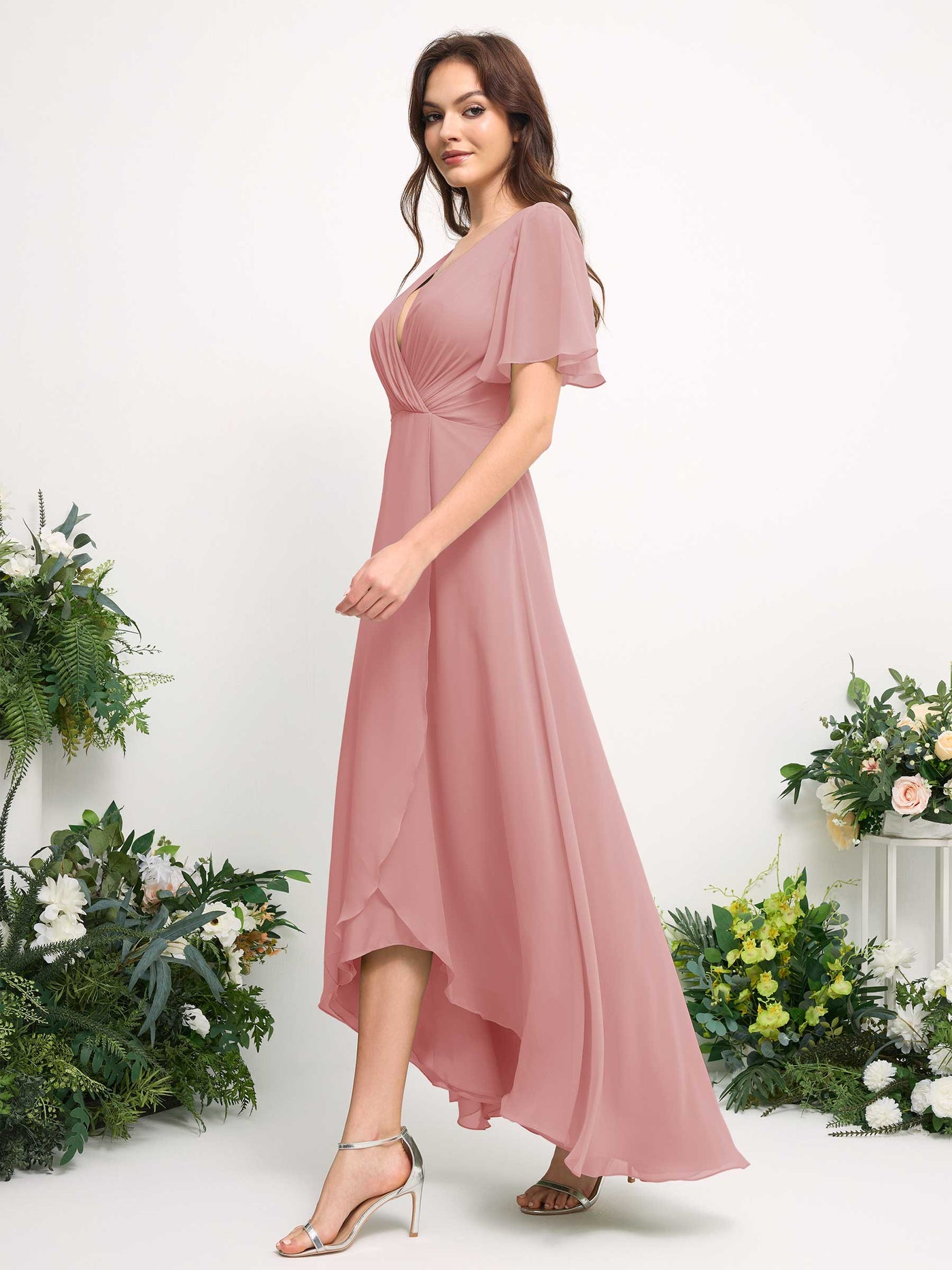 Carlyna Vestido línea A escote en V gasa hasta el suelo dama de honor Rosa Polvorienta #color_rosa-polvorienta