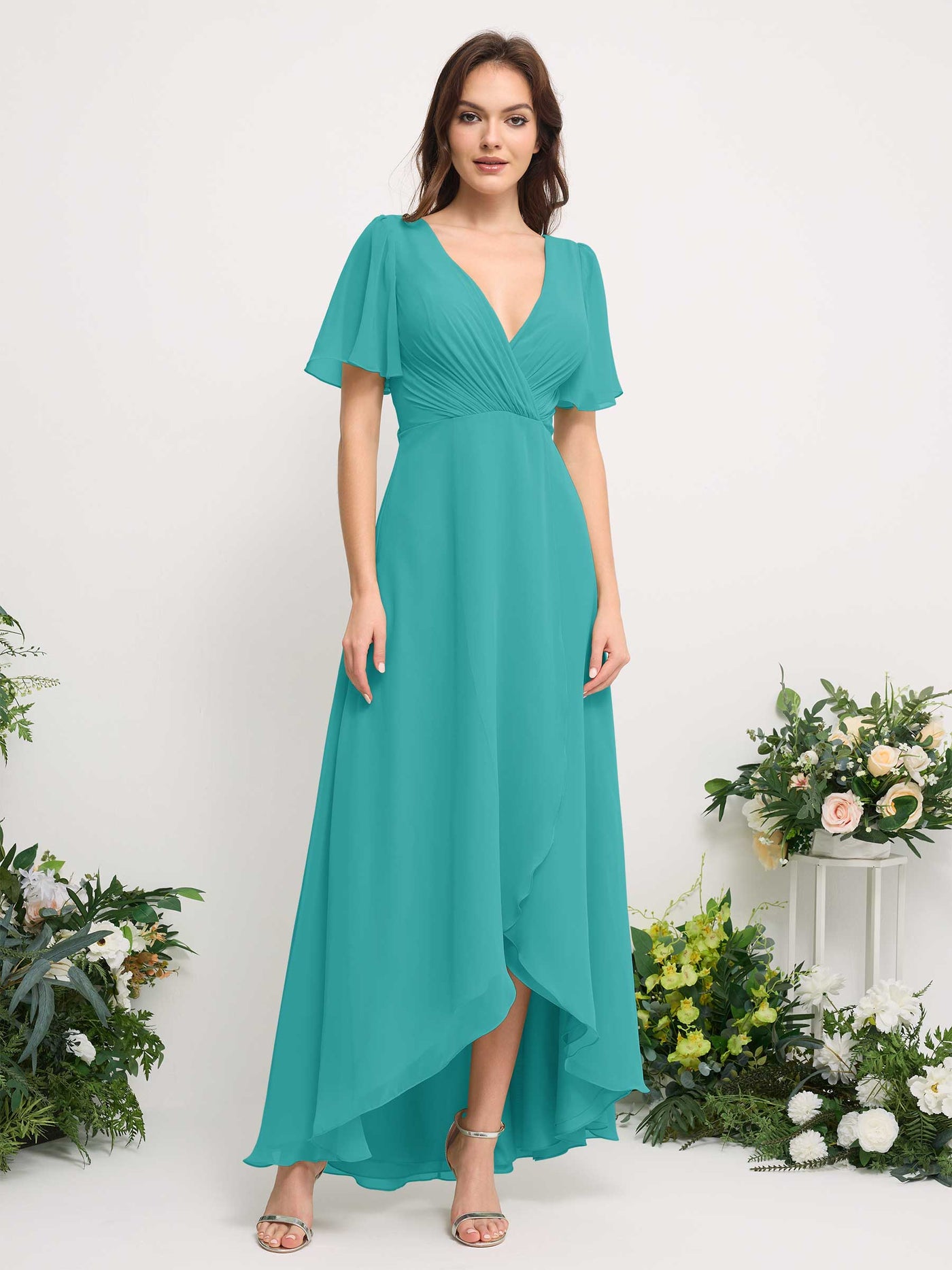 Carlyna Vestido línea A escote en V gasa hasta el suelo dama de honor Turquesa #color_turquesa