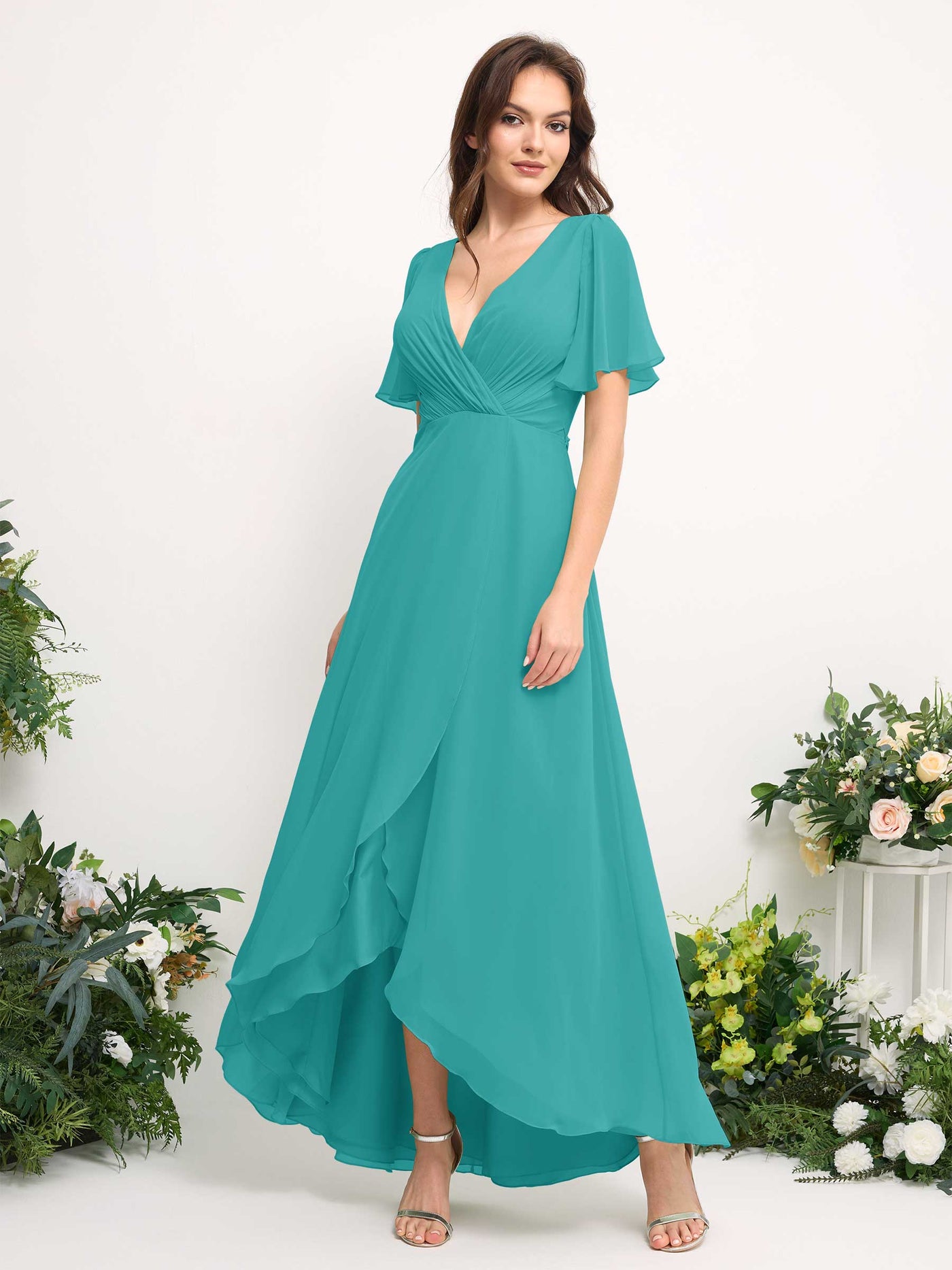 Carlyna Vestido línea A escote en V gasa hasta el suelo dama de honor Turquesa #color_turquesa