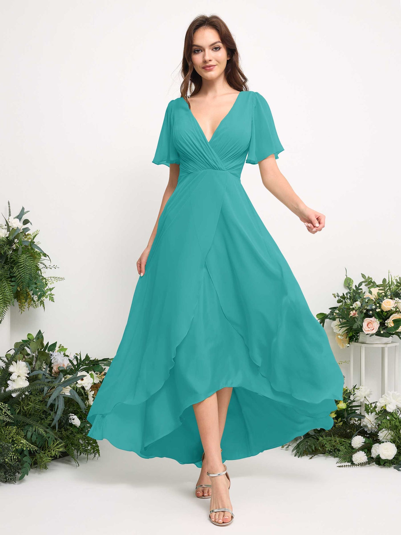 Carlyna Vestido línea A escote en V gasa hasta el suelo dama de honor Turquesa #color_turquesa
