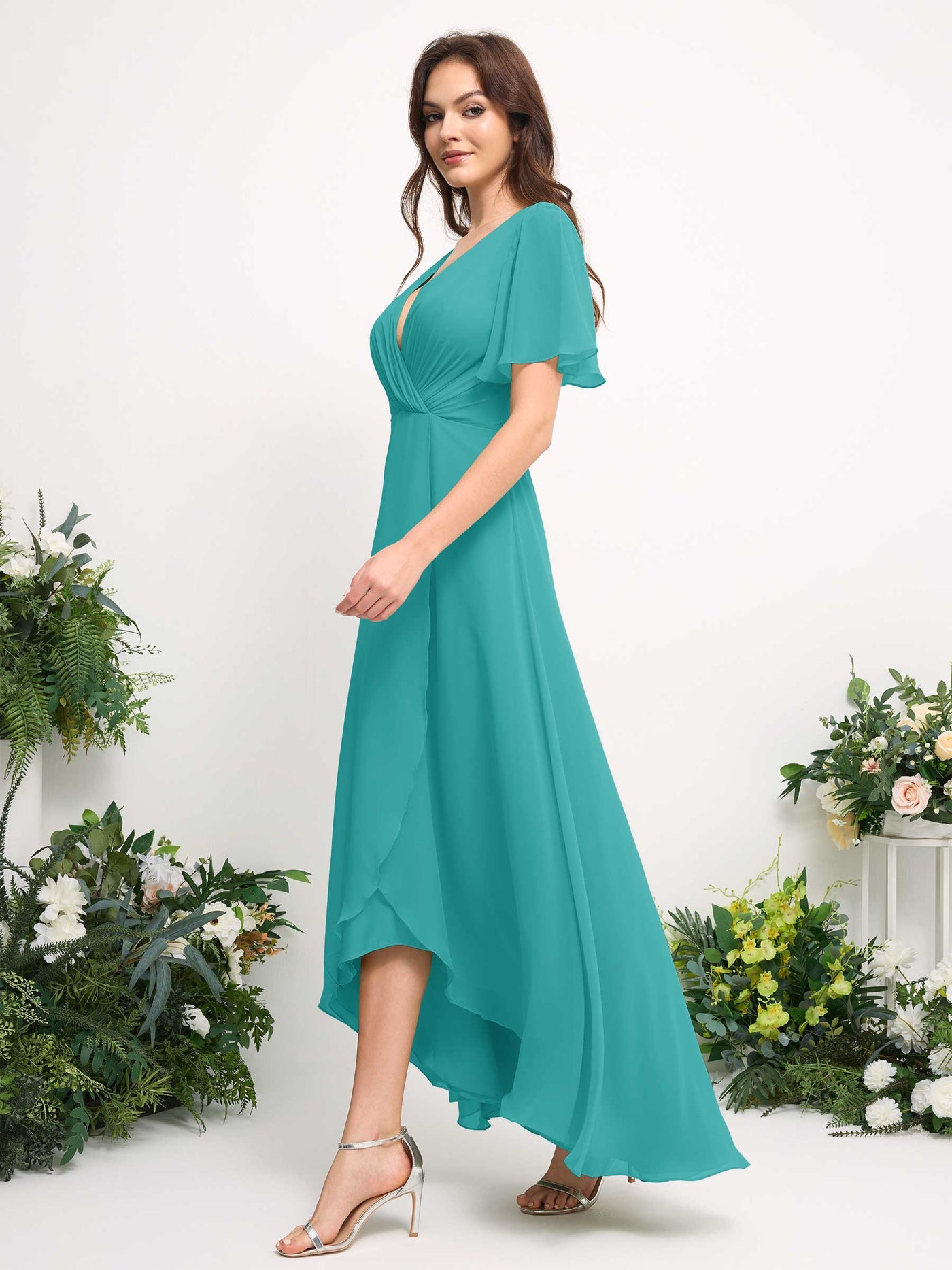Carlyna Vestido línea A escote en V gasa hasta el suelo dama de honor Turquesa #color_turquesa