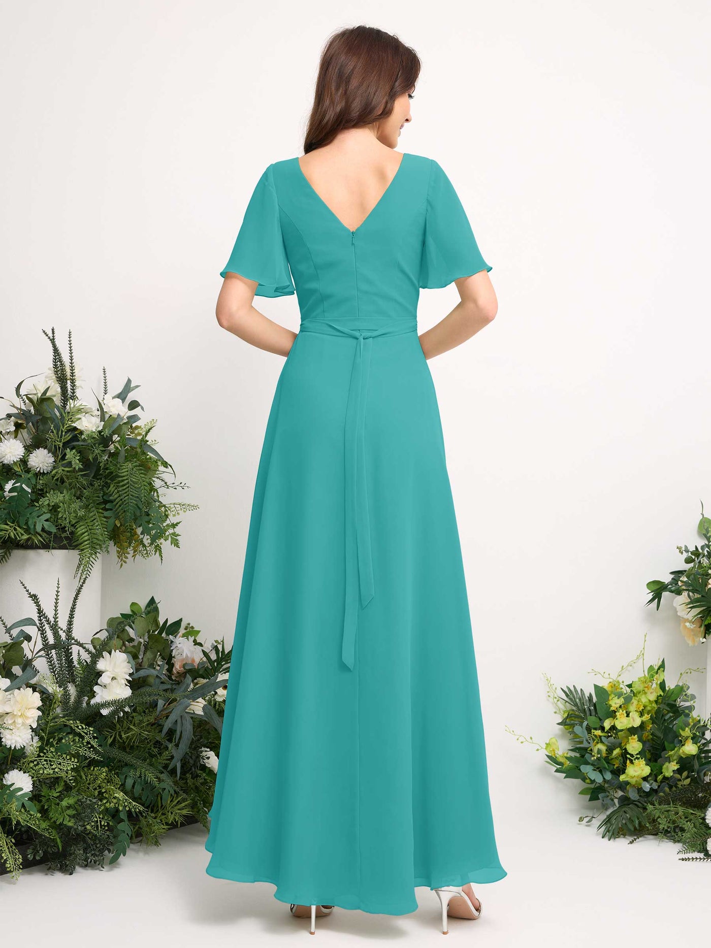 Carlyna Vestido línea A escote en V gasa hasta el suelo dama de honor Turquesa #color_turquesa