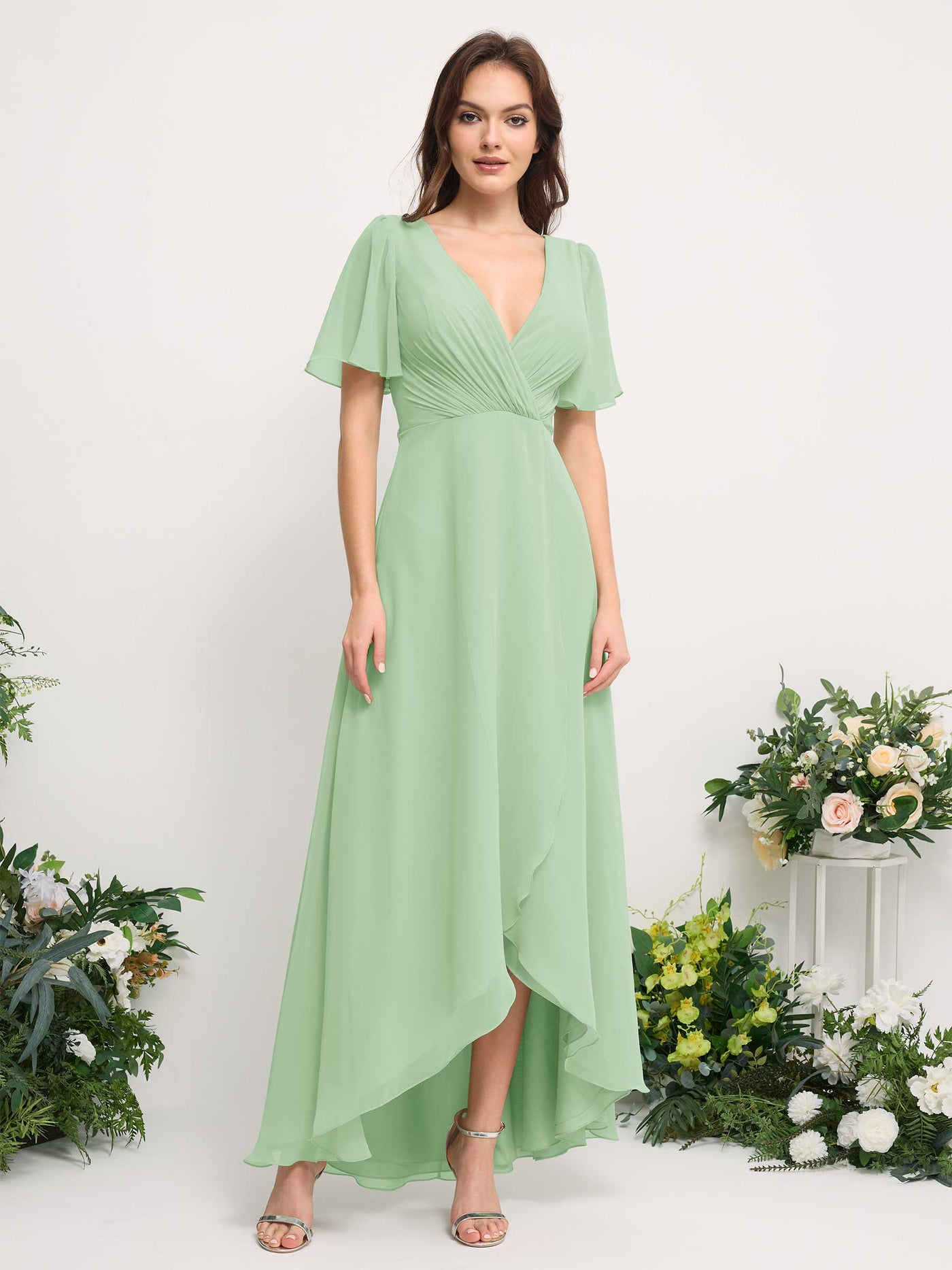 Carlyna Vestido línea A escote en V gasa hasta el suelo dama de honor Verde Menta #color_verde-menta