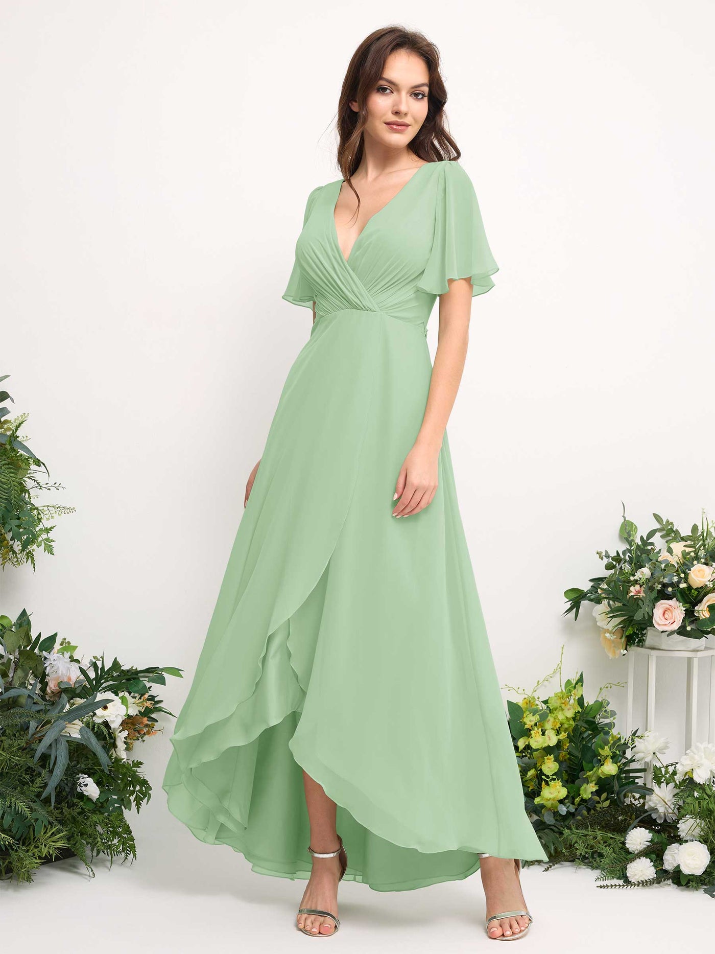 Carlyna Vestido línea A escote en V gasa hasta el suelo dama de honor Verde Menta #color_verde-menta