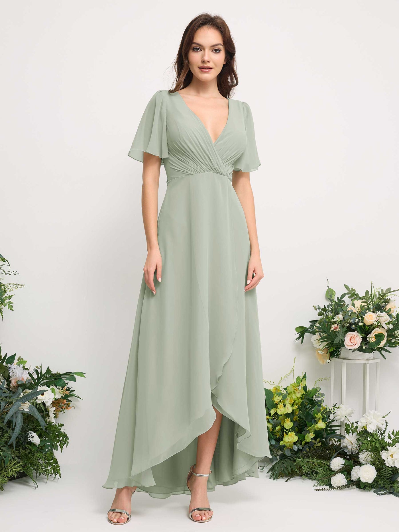 Carlyna Vestido línea A escote en V gasa hasta el suelo dama de honor Verde Salvia #color_verde-salvia