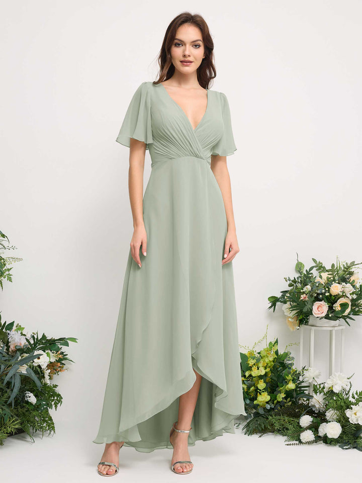 Carlyna Vestido línea A escote en V gasa hasta el suelo dama de honor Verde Salvia 