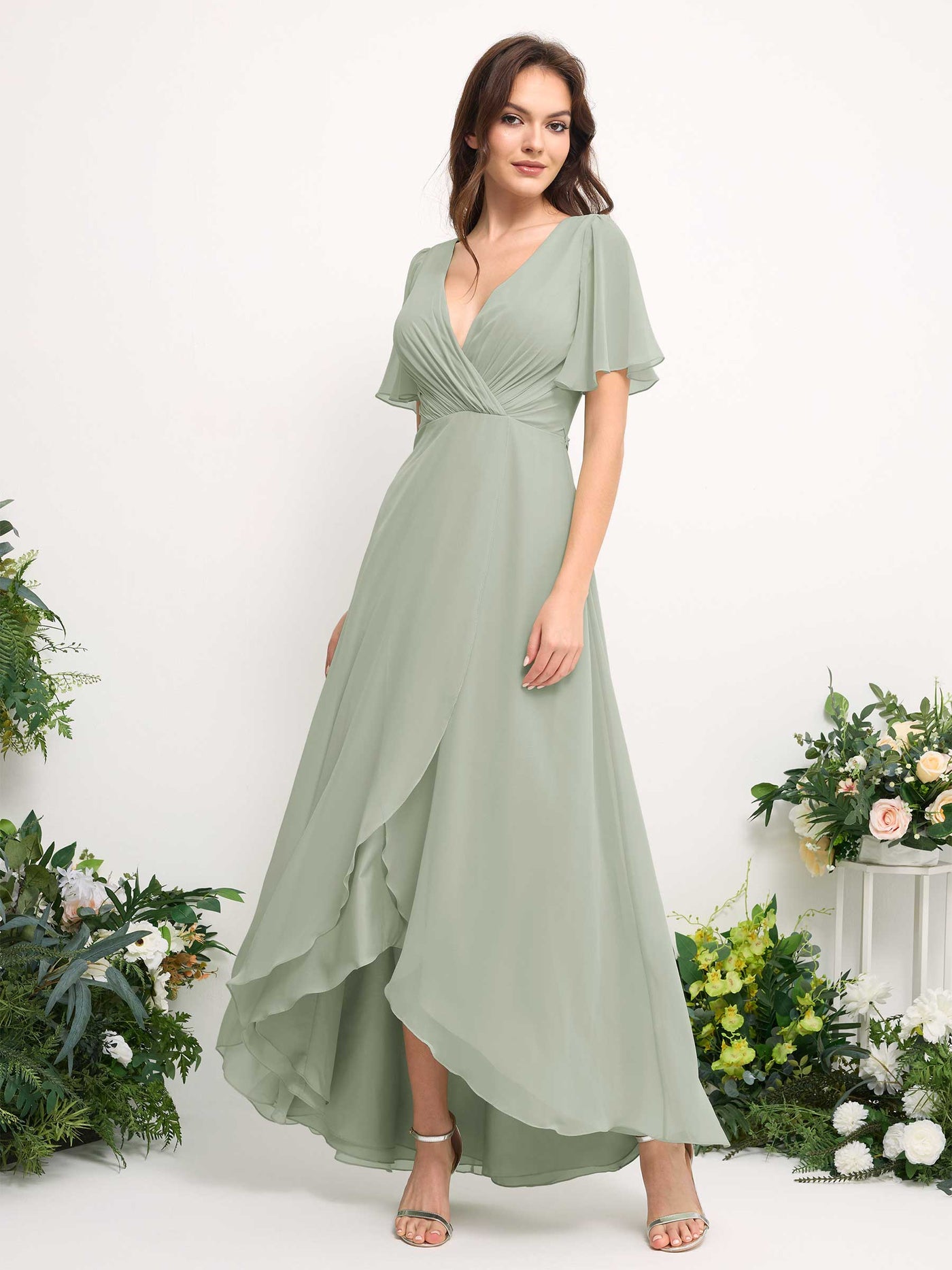 Carlyna Vestido línea A escote en V gasa hasta el suelo dama de honor Verde Salvia #color_verde-salvia