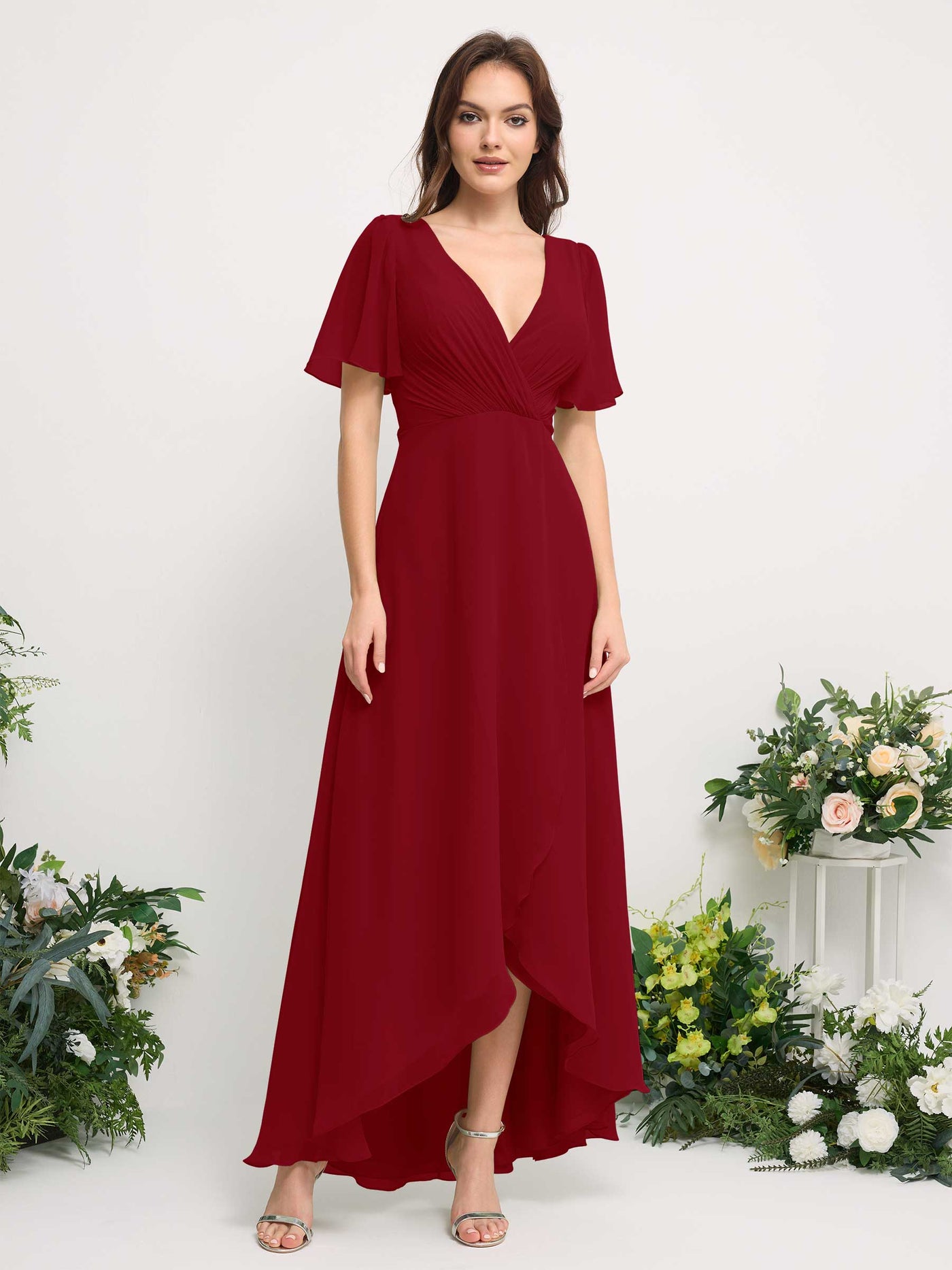 Carlyna Vestido línea A escote en V gasa hasta el suelo dama de honor Óxido #color_xido