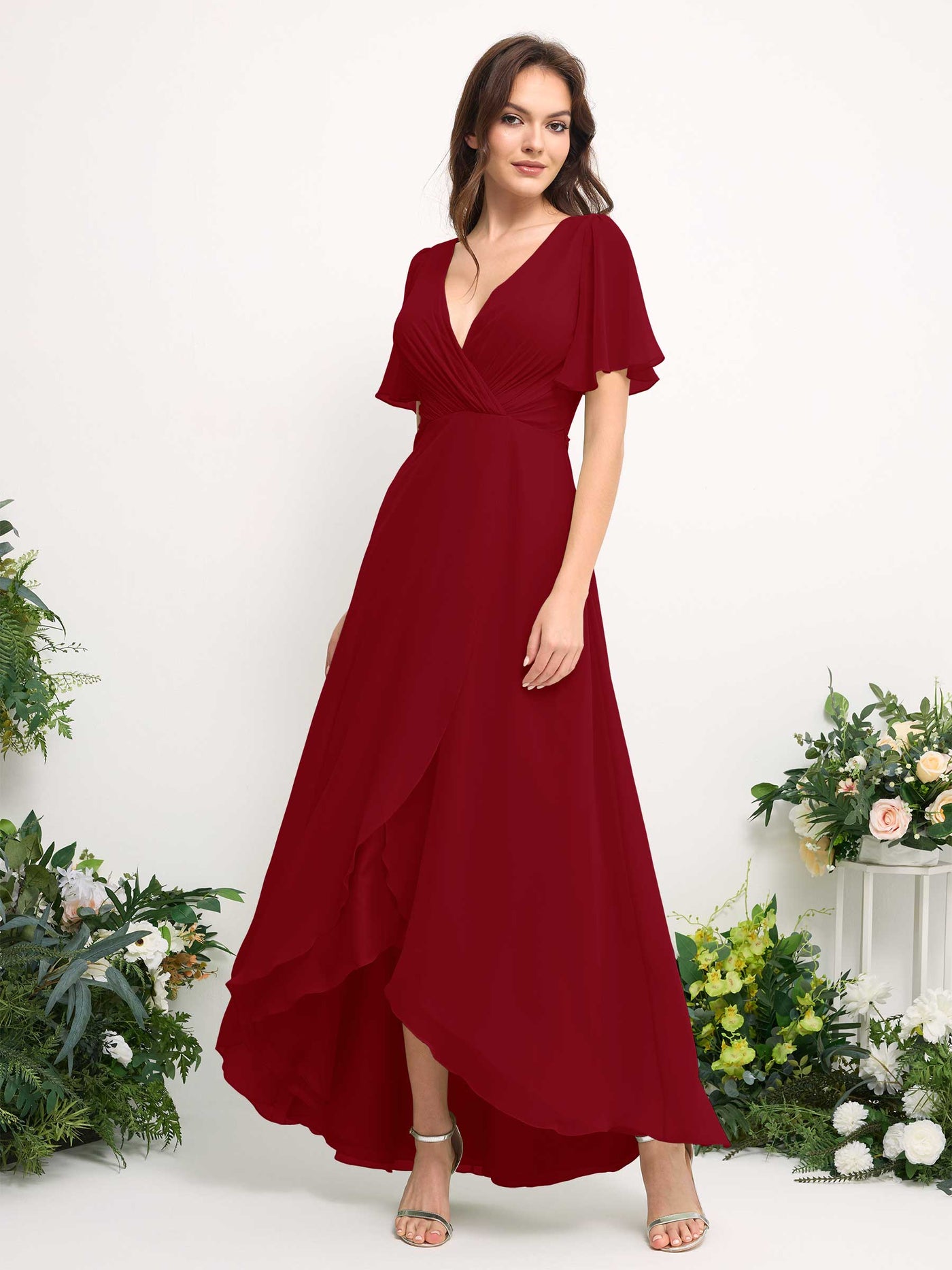 Carlyna Vestido línea A escote en V gasa hasta el suelo dama de honor Óxido #color_xido
