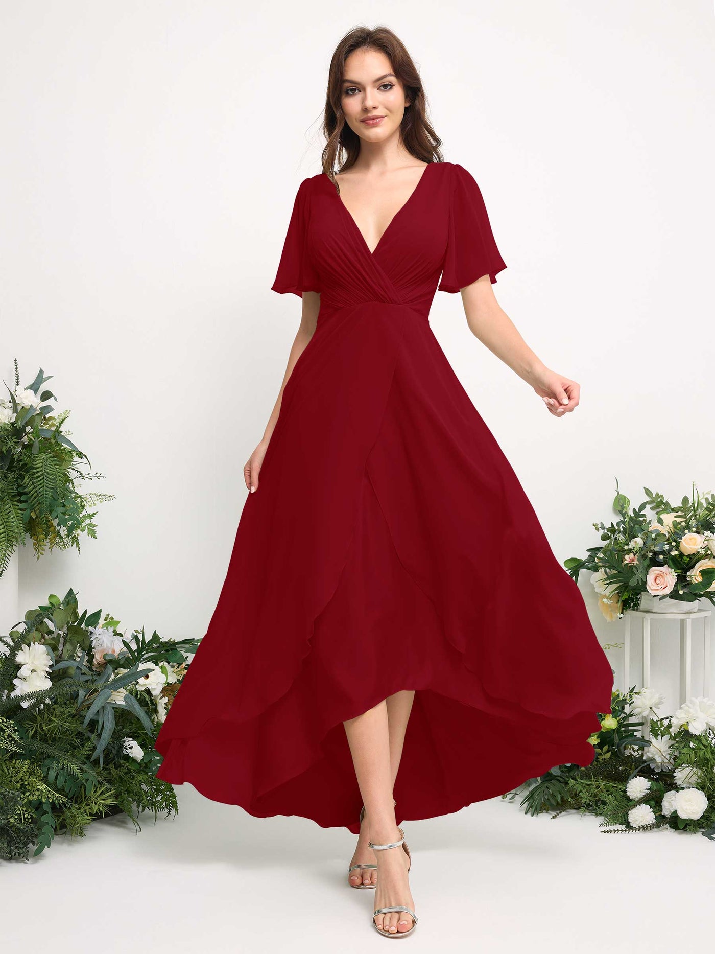 Carlyna Vestido línea A escote en V gasa hasta el suelo dama de honor Óxido #color_xido