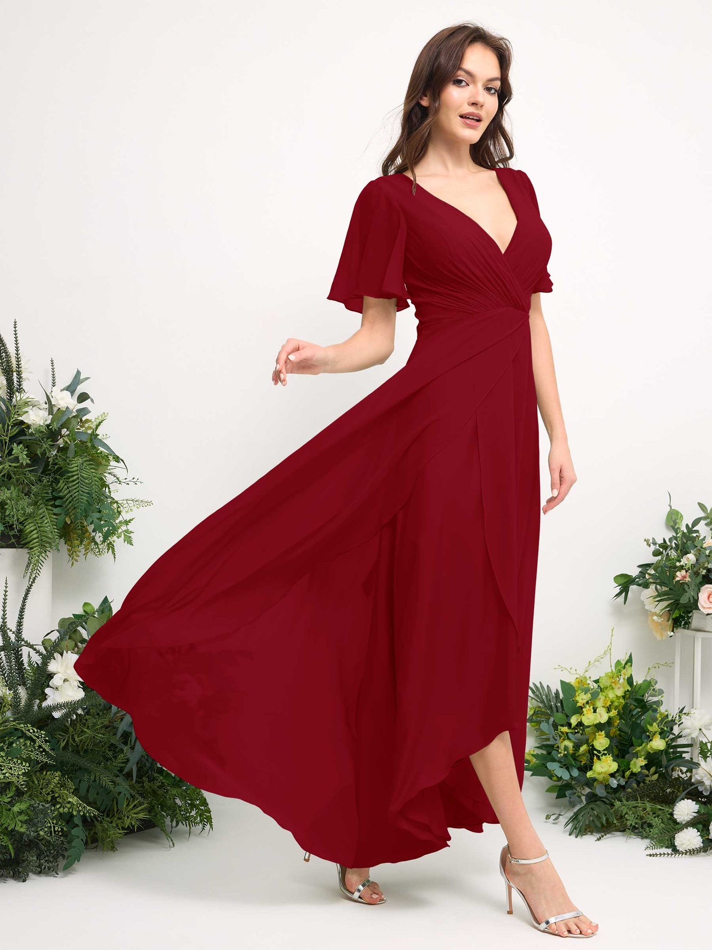 Carlyna Vestido línea A escote en V gasa hasta el suelo dama de honor Óxido #color_xido
