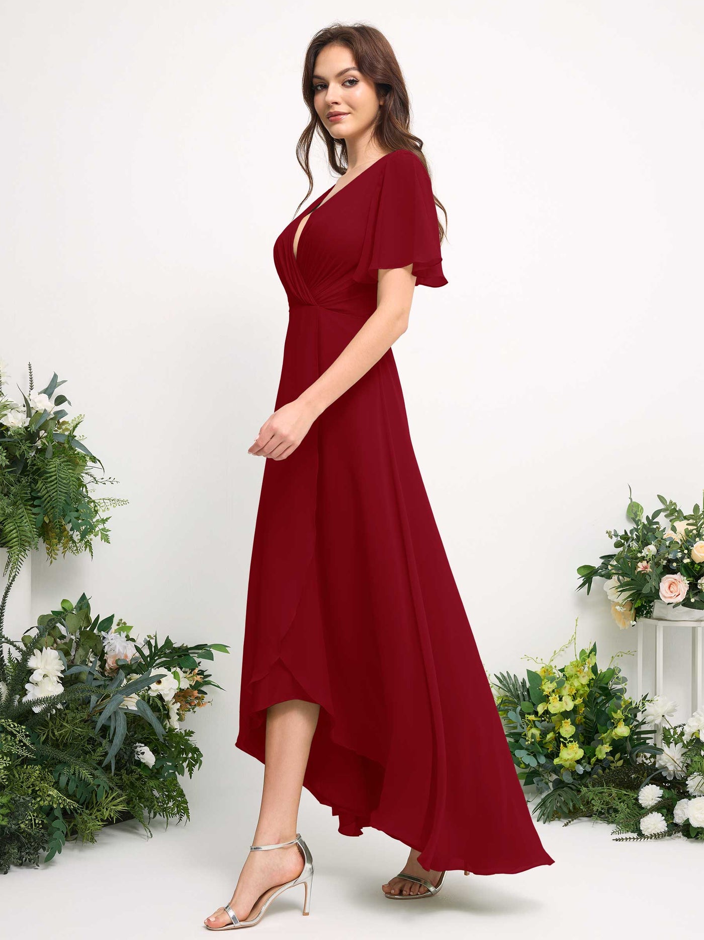 Carlyna Vestido línea A escote en V gasa hasta el suelo dama de honor Óxido #color_xido