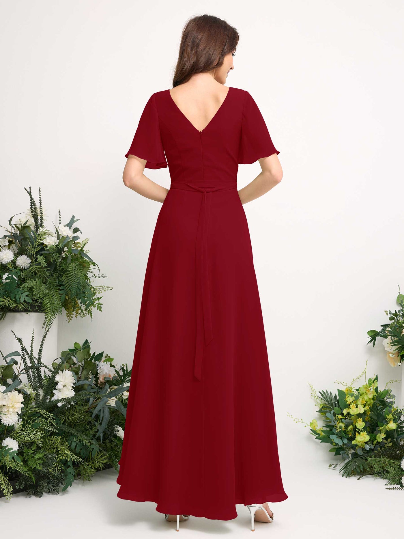 Carlyna Vestido línea A escote en V gasa hasta el suelo dama de honor Óxido #color_xido