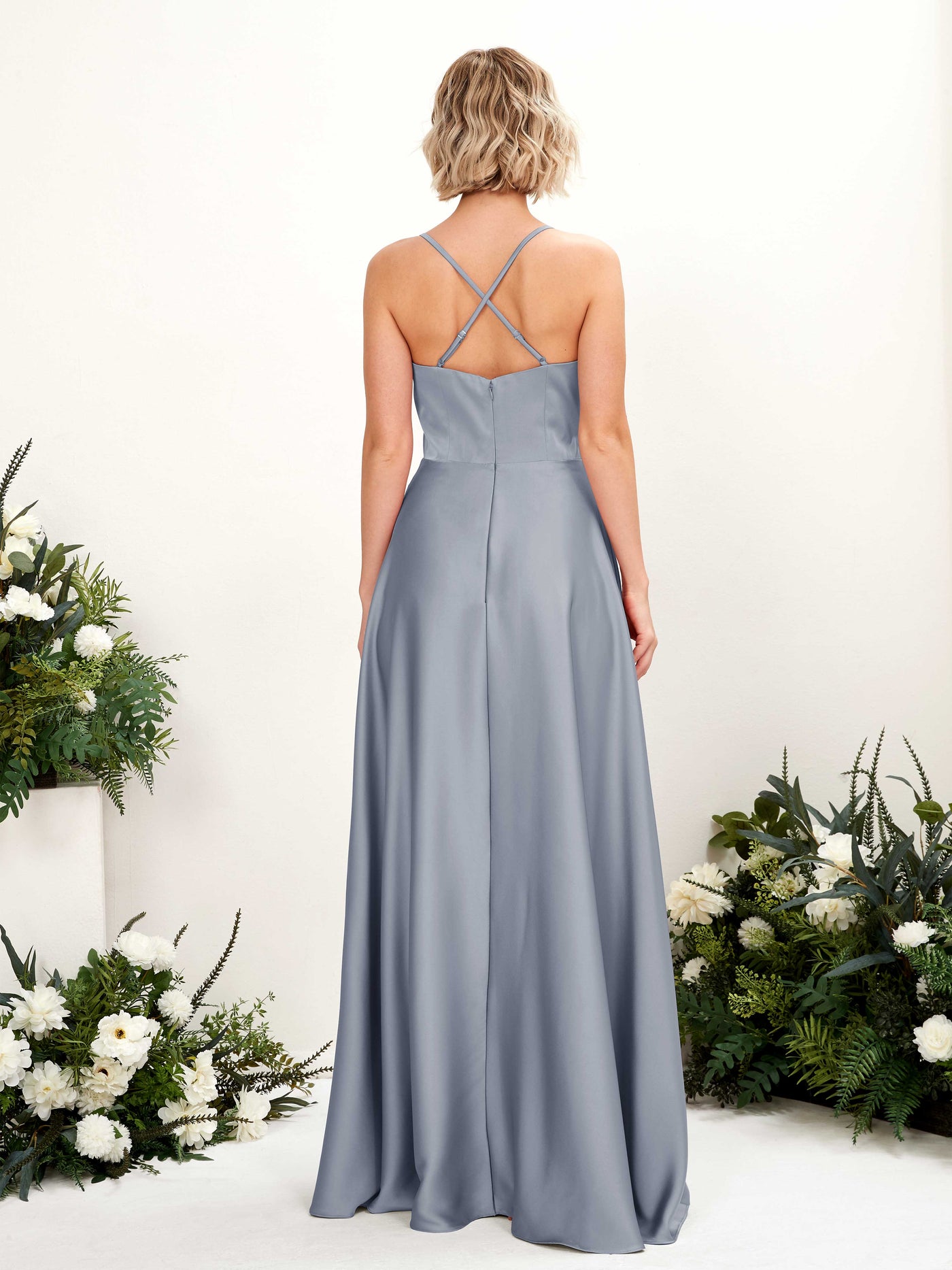 Carlyna Vestido línea A escote en V hasta el suelo dama de honor Azul Polvoriento #color_azul-polvoriento