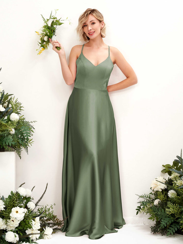 Carlyna Vestido línea A escote en V hasta el suelo dama de honor Verde Oliva 