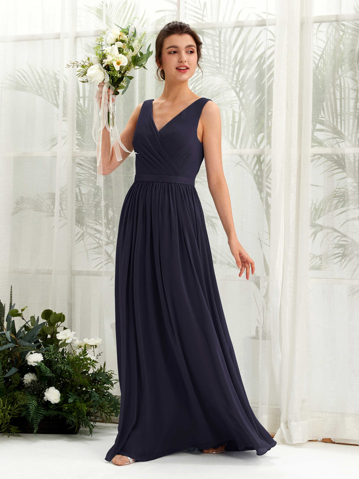 Carlyna Vestido línea A escote en V hasta el suelo fruncido dama de honor Azul Marino Oscuro 