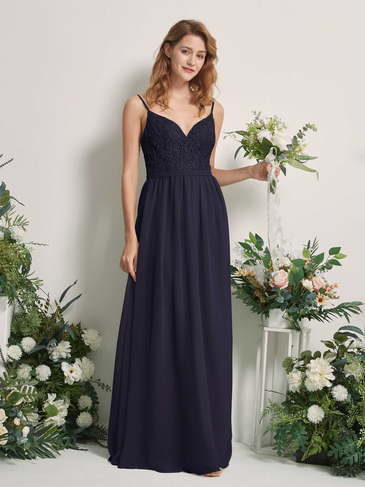 Carlyna Vestido Línea A Escote en V Hasta el suelo Fruncido Dama de honor Azul Marino Oscuro 